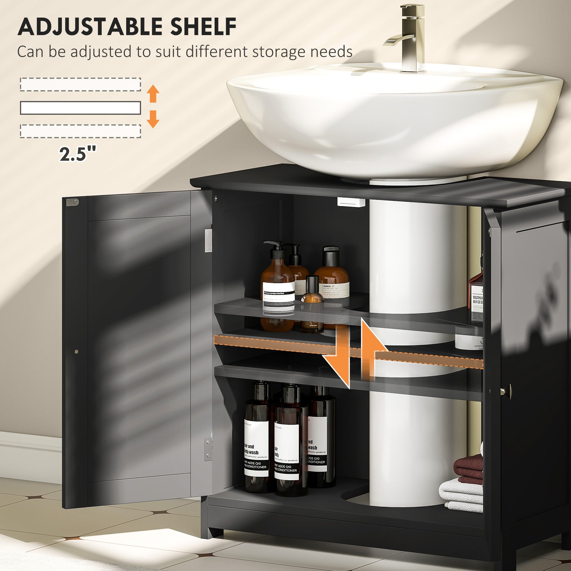 kleankin Pedestal Sink Storage Cabinet, Bathroom Sink Cabinet with U-Shape Cut-Out and Adjustable Shelf, Black