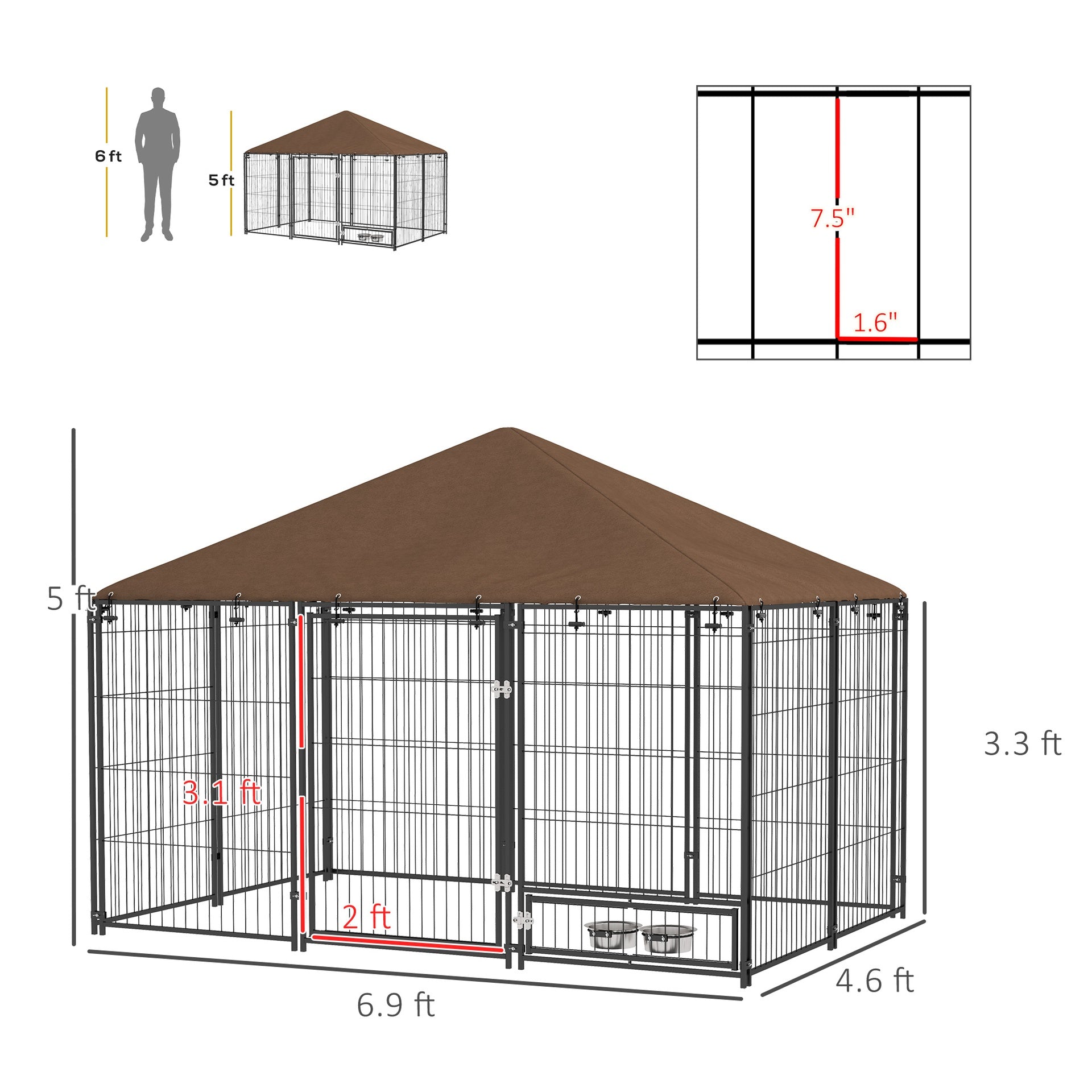 PawHut Outside Dog Kennel, 6.9' x 4.6' x 5' Puppy Play Pen with Canopy, Garden Playpen Fence Crate with Rotating Bowl, Black