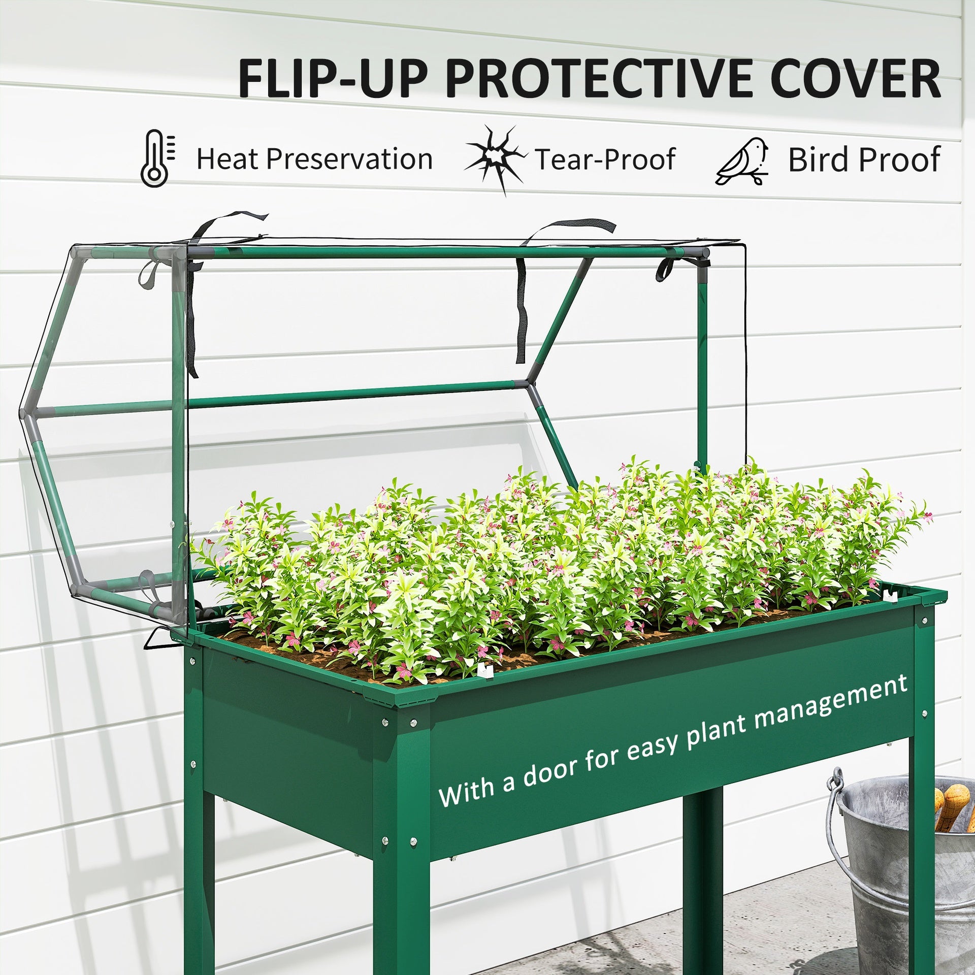 Outsunny Elevated Garden Box with Greenhouse Cover, Raised Garden Bed with Legs and Drainage Hole for Vegetables, Green