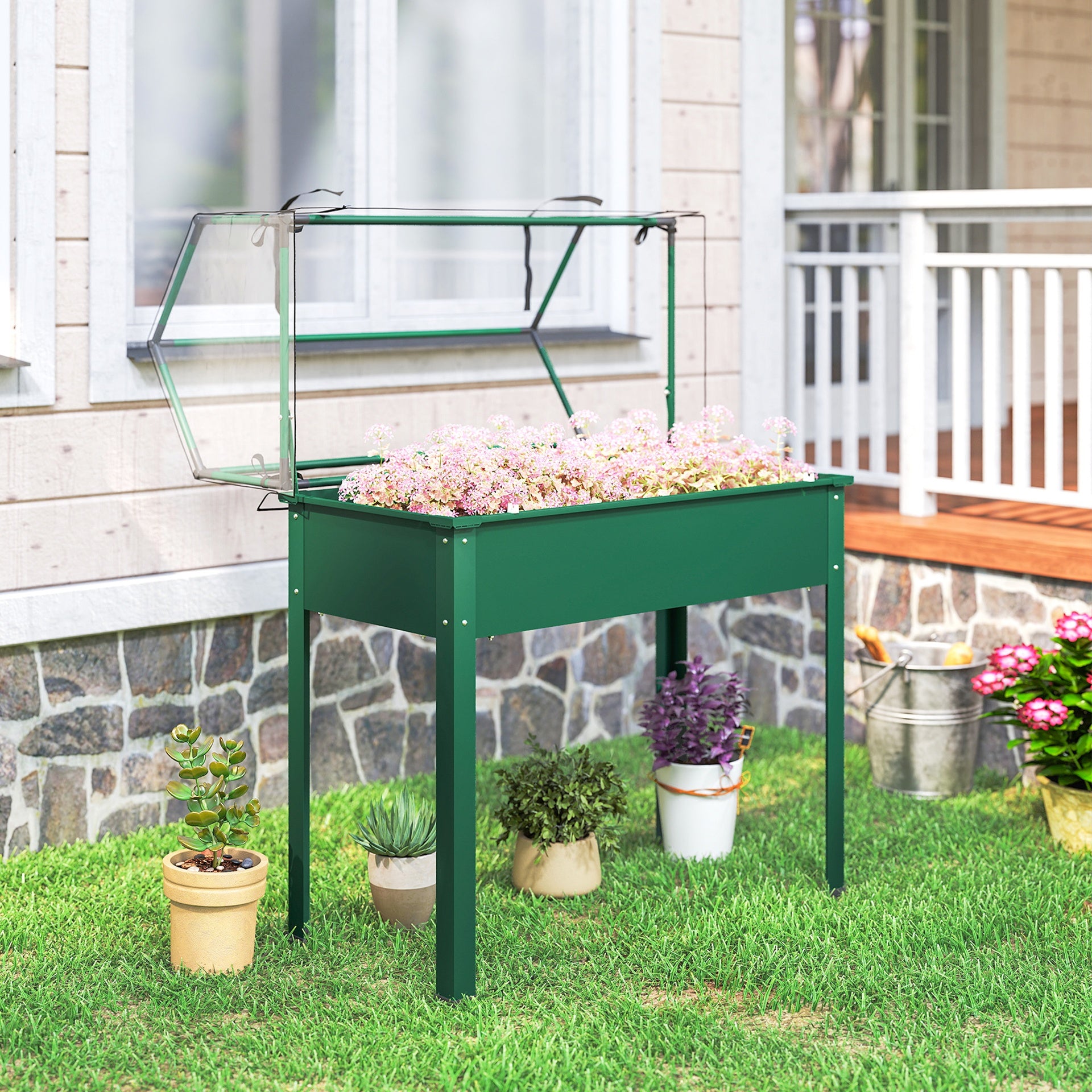 Outsunny Elevated Garden Box with Greenhouse Cover, Raised Garden Bed with Legs and Drainage Hole for Vegetables, Green