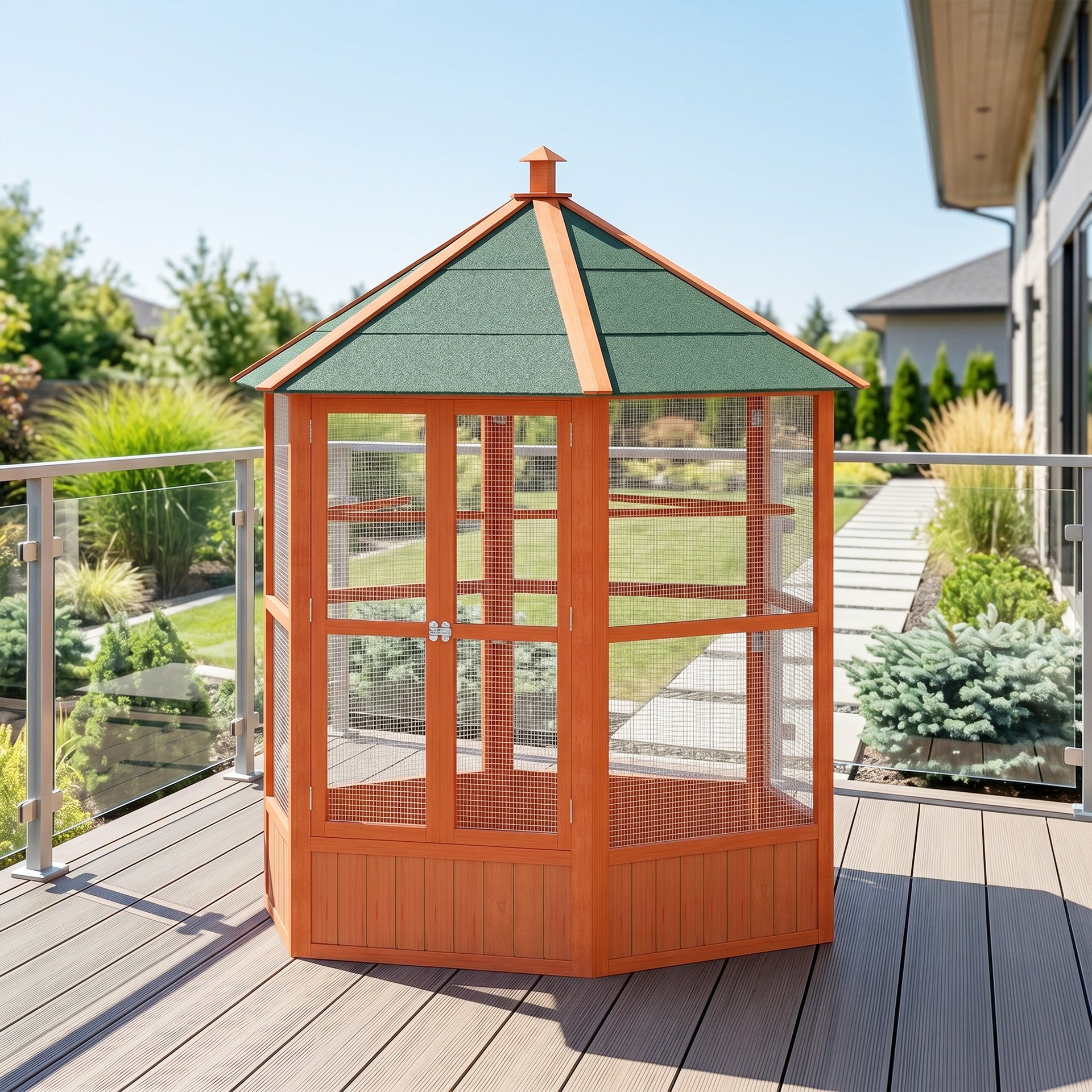 PawHut 69" Wooden Hexagonal Outdoor Aviary Flight Bird Cage With Covered Roof, Brown