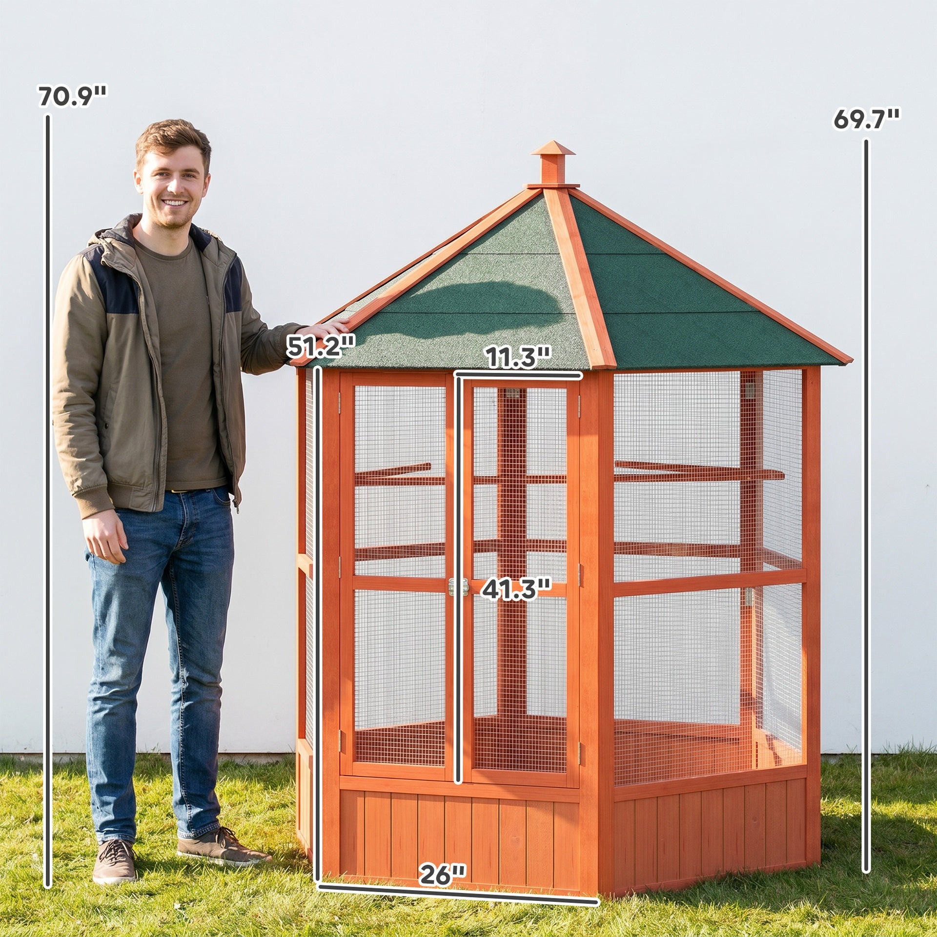 PawHut 69" Wooden Hexagonal Outdoor Aviary Flight Bird Cage With Covered Roof, Brown