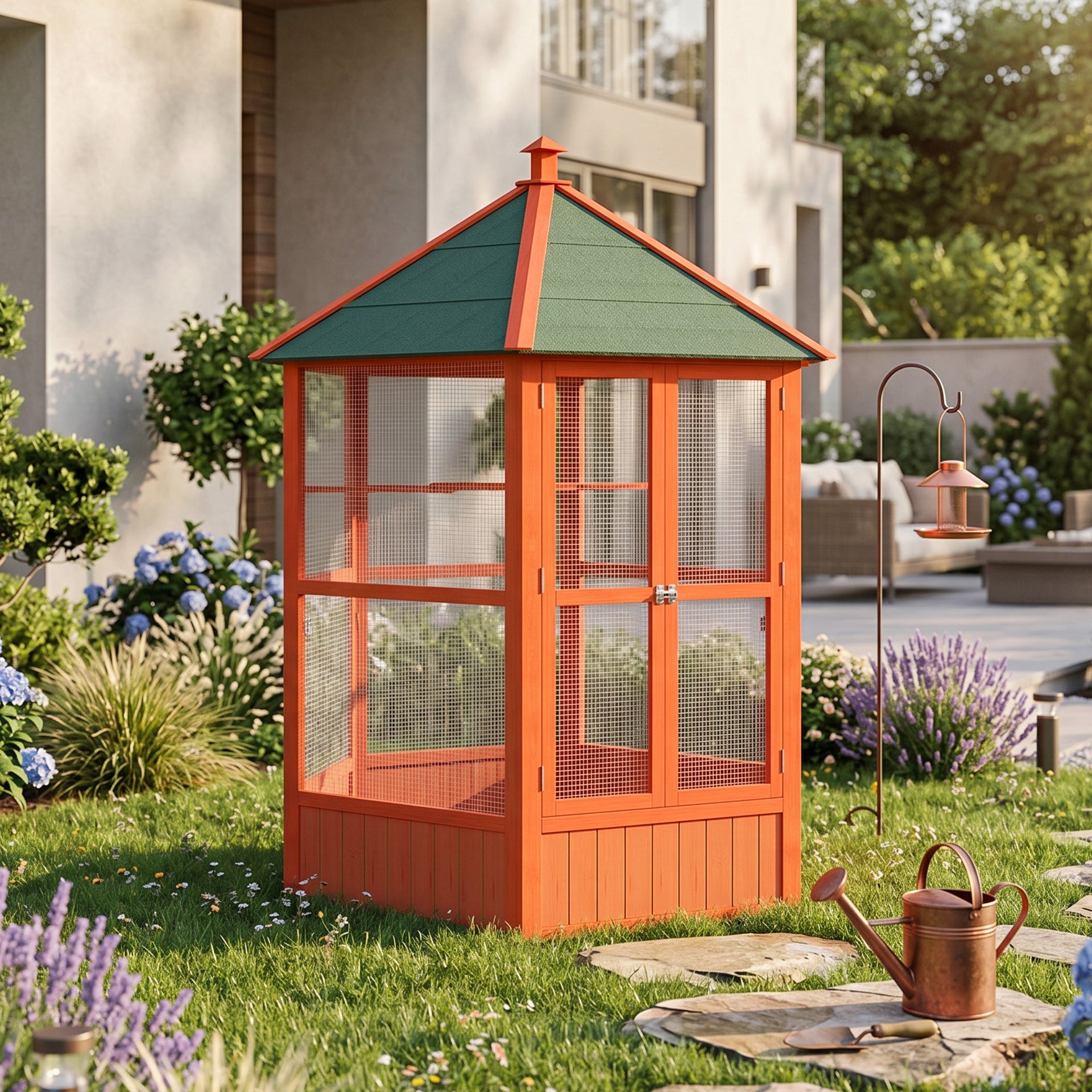 PawHut 69" Wooden Hexagonal Outdoor Aviary Flight Bird Cage With Covered Roof, Brown