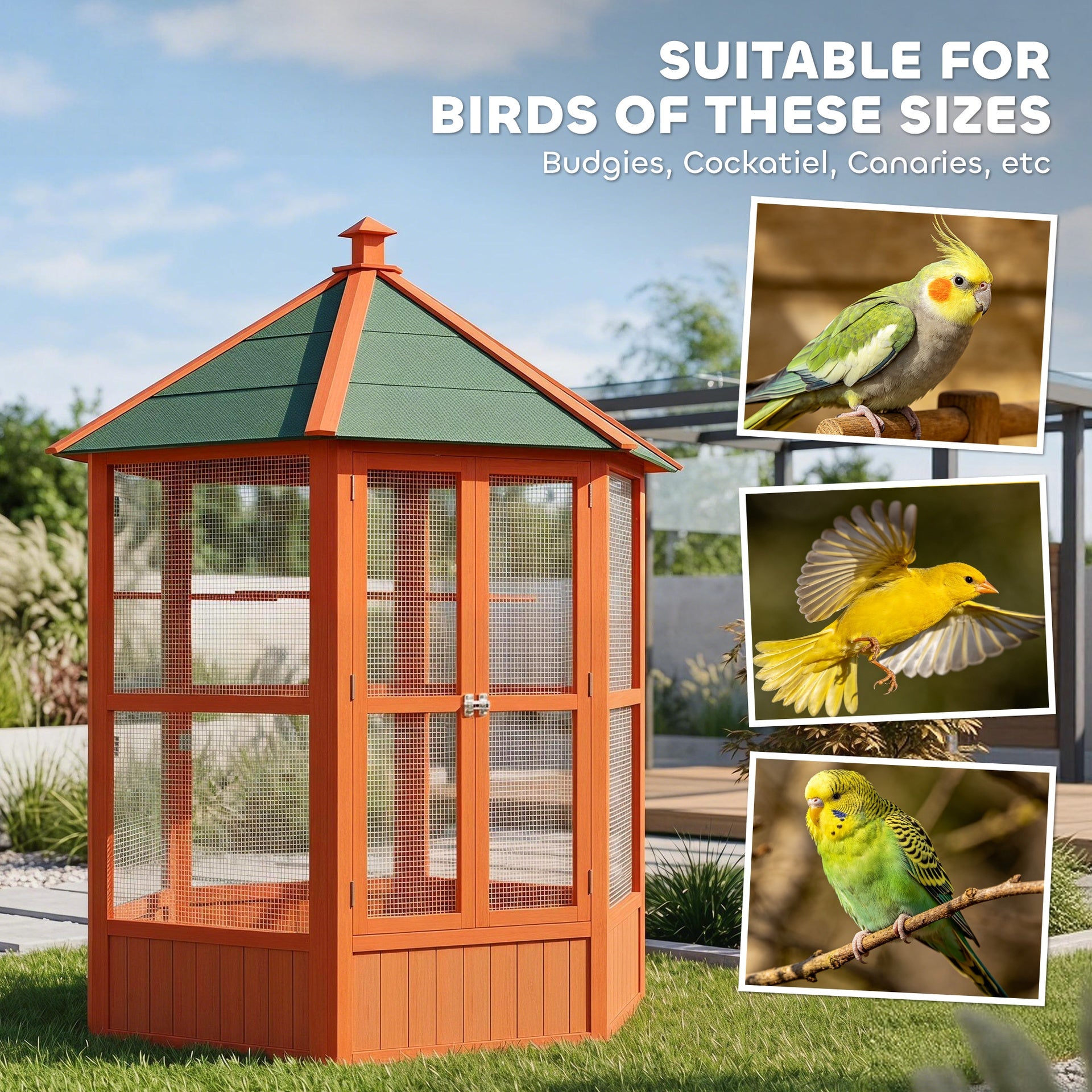 PawHut 69" Wooden Hexagonal Outdoor Aviary Flight Bird Cage With Covered Roof, Brown