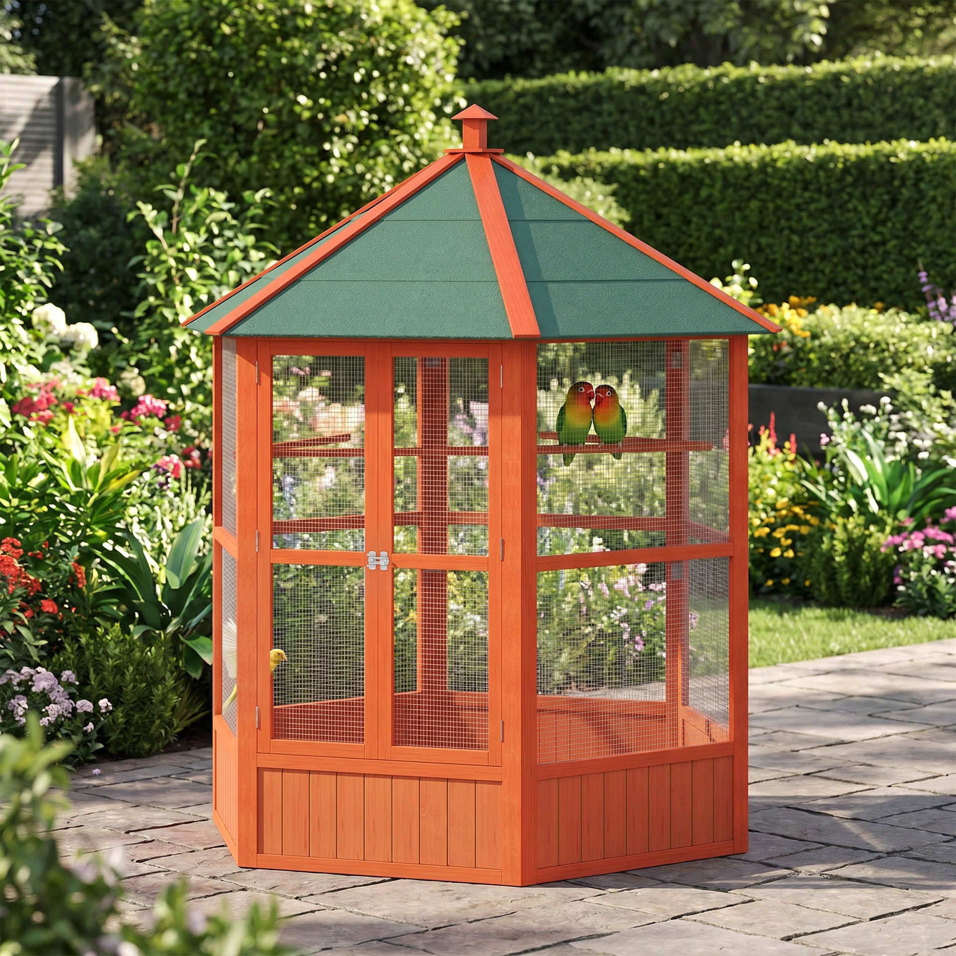 PawHut 69" Wooden Hexagonal Outdoor Aviary Flight Bird Cage With Covered Roof, Brown