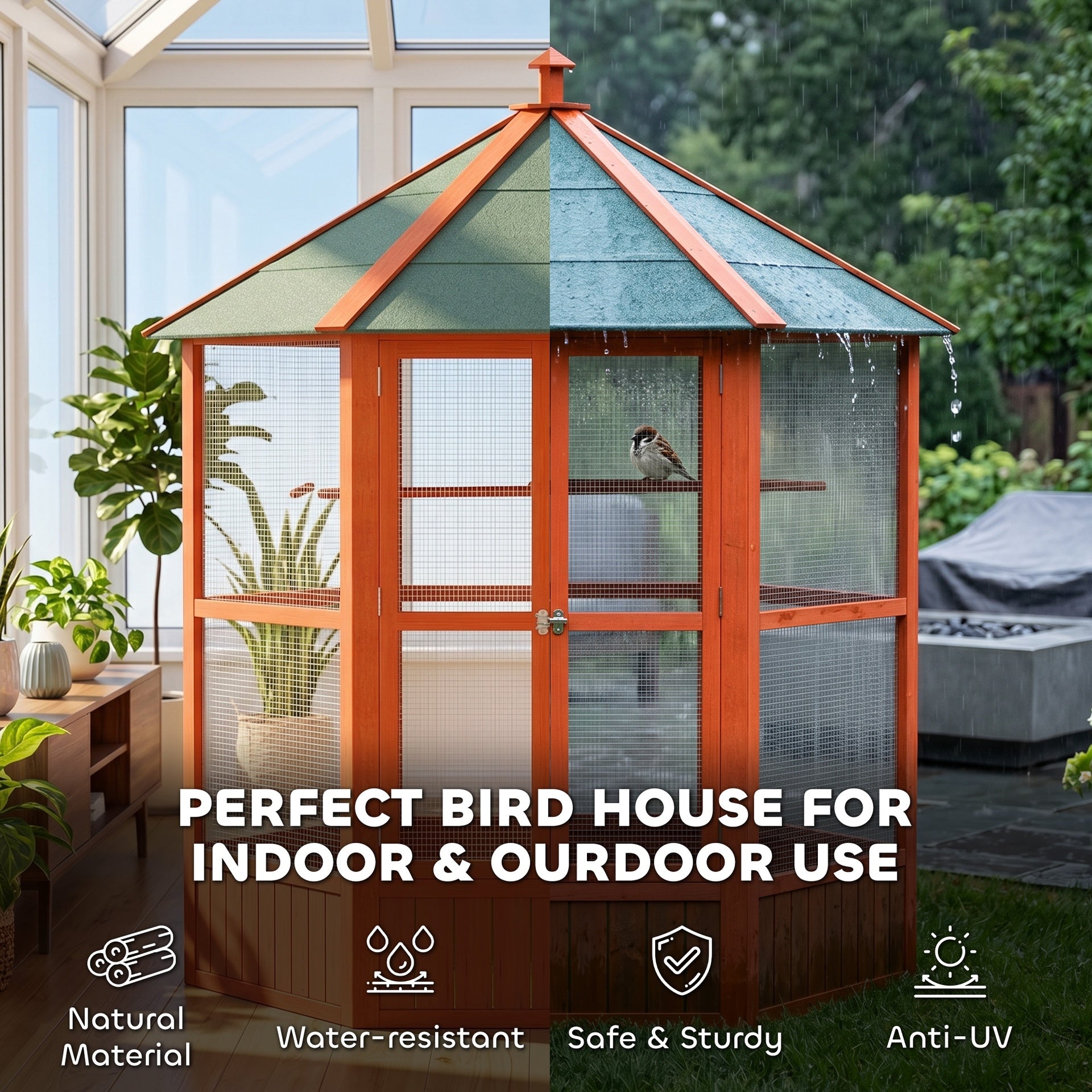 PawHut 69" Wooden Hexagonal Outdoor Aviary Flight Bird Cage With Covered Roof, Brown
