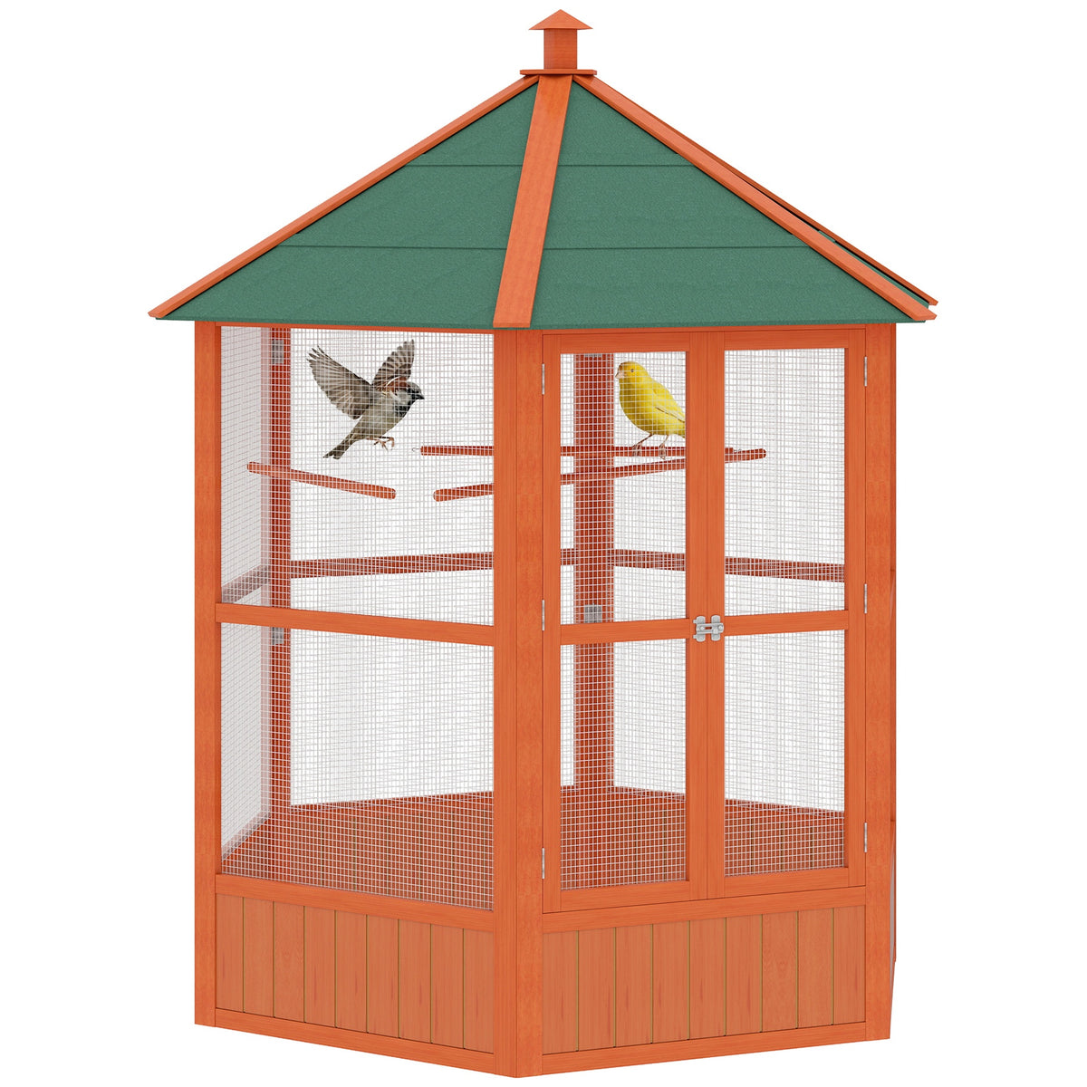 PawHut 69" Wooden Hexagonal Outdoor Aviary Flight Bird Cage With Covered Roof, Brown