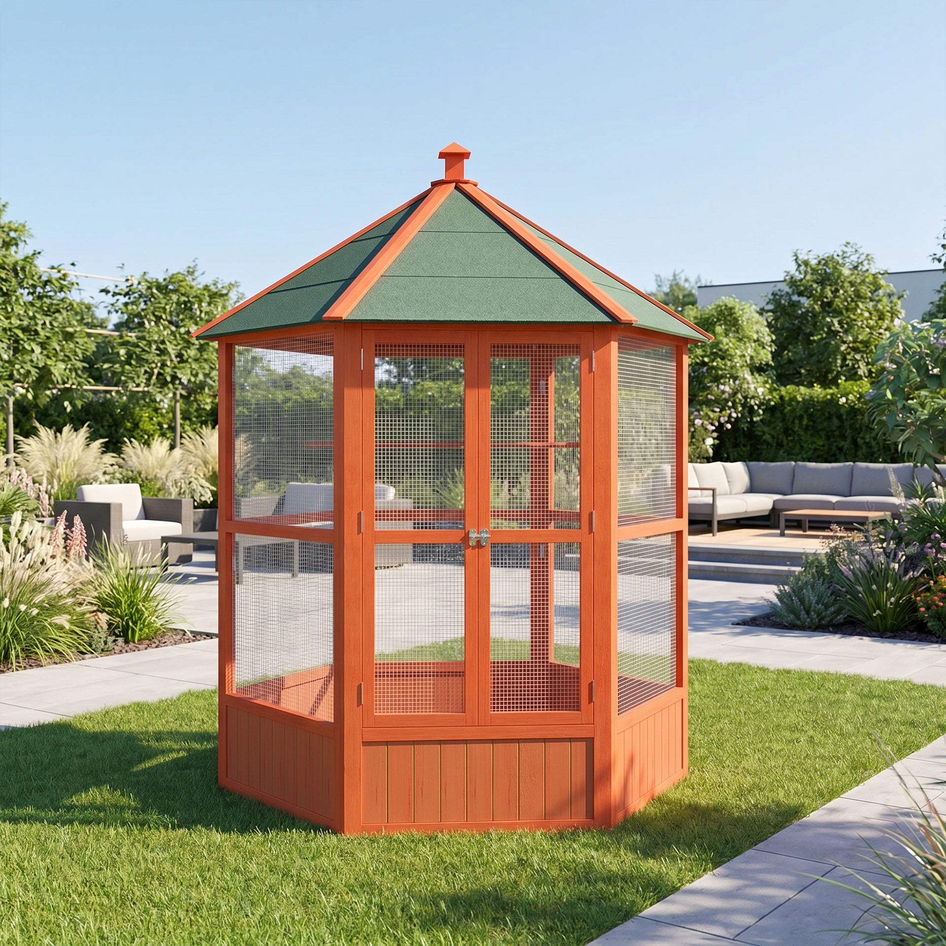 PawHut 69" Wooden Hexagonal Outdoor Aviary Flight Bird Cage With Covered Roof, Brown