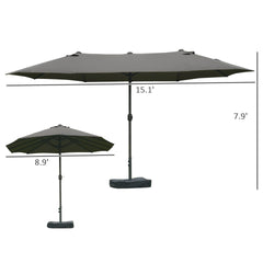 Outsunny Patio Umbrella 15' Steel Rectangular Outdoor Double Sided Market with base, UV Sun Protection & Easy Crank for Deck Pool Patio Dark Gray