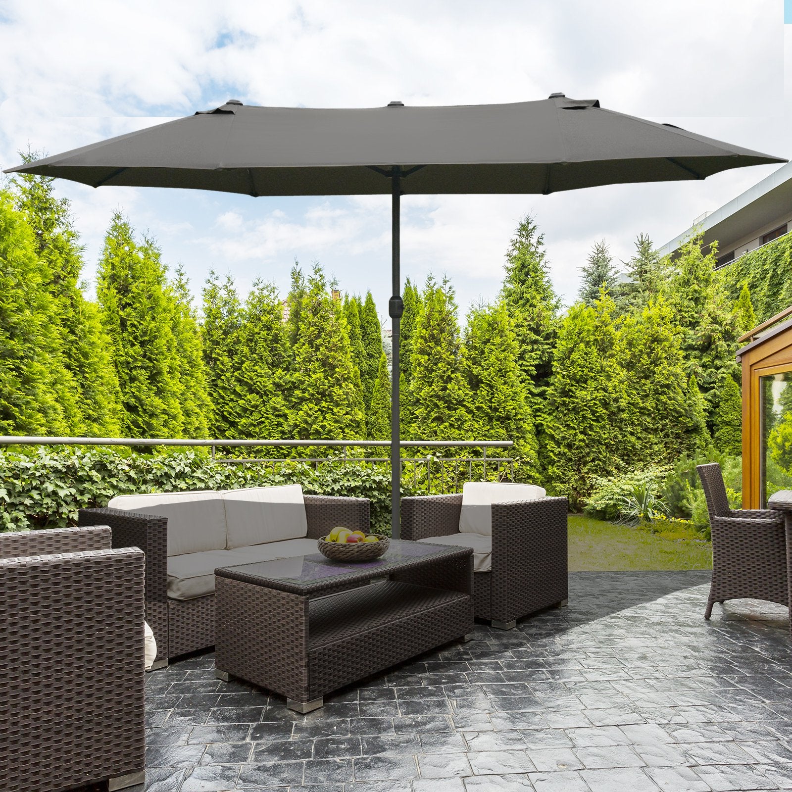 Outsunny Patio Umbrella 15' Steel Rectangular Outdoor Double Sided Market with base, UV Sun Protection & Easy Crank for Deck Pool Patio Dark Gray