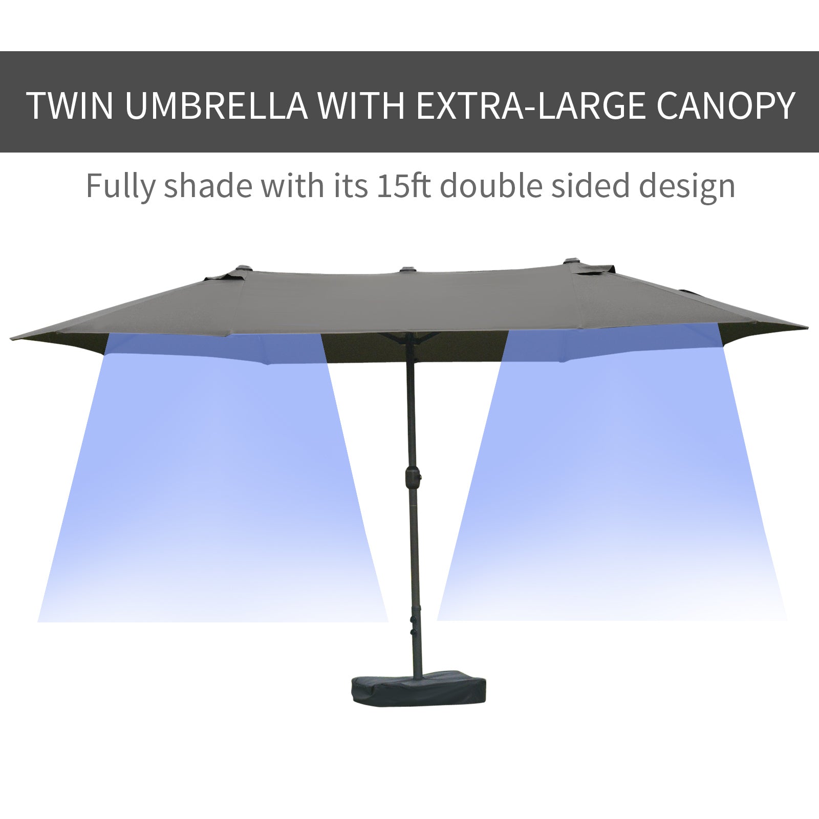 Outsunny Patio Umbrella 15' Steel Rectangular Outdoor Double Sided Market with base, UV Sun Protection & Easy Crank for Deck Pool Patio Dark Gray