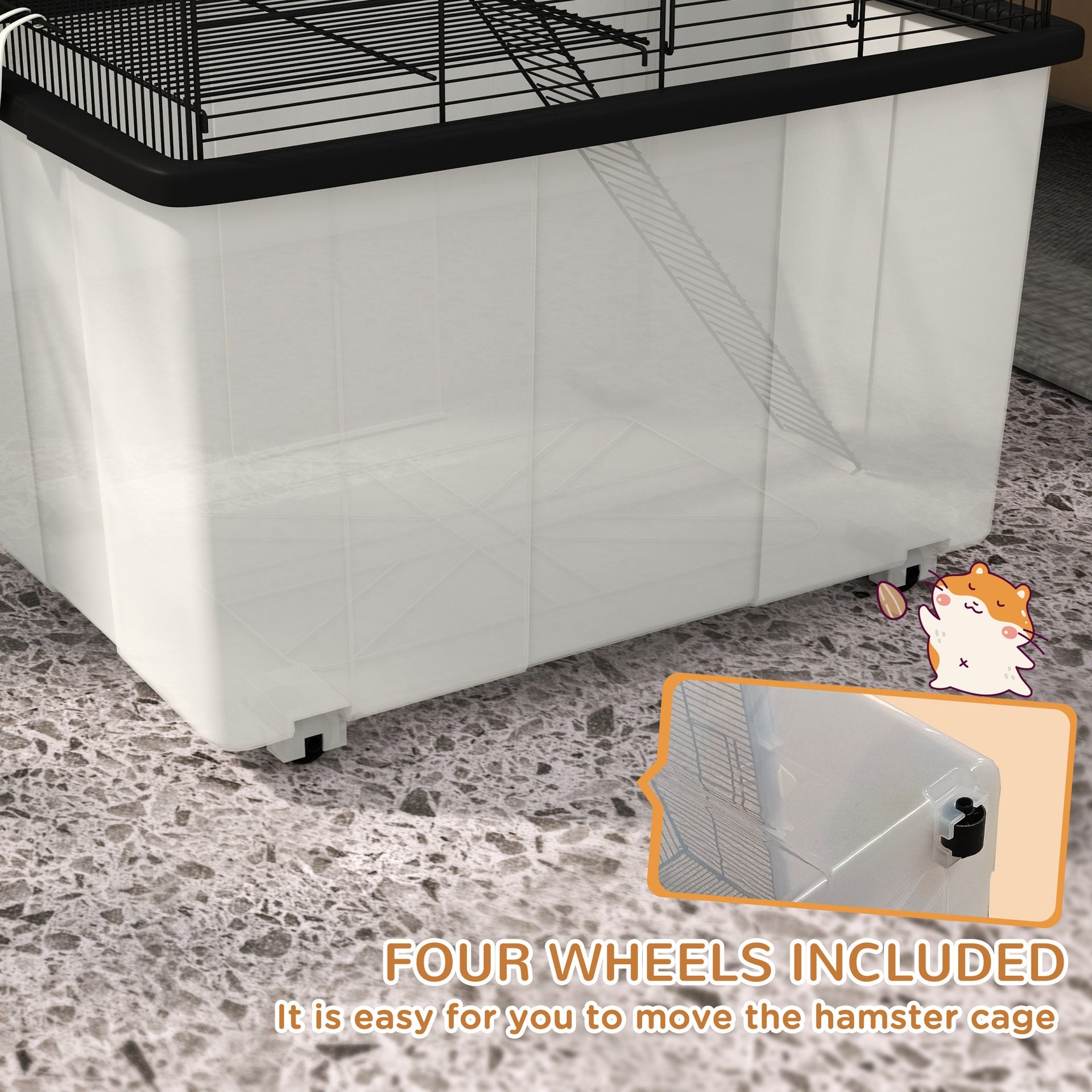 PawHut 22" 2-Tier Hamster Cage with Extra-Deep 14" Base, Small Animal Cage with Ramp, Water Bottle, Food Dish, Wheels, Black
