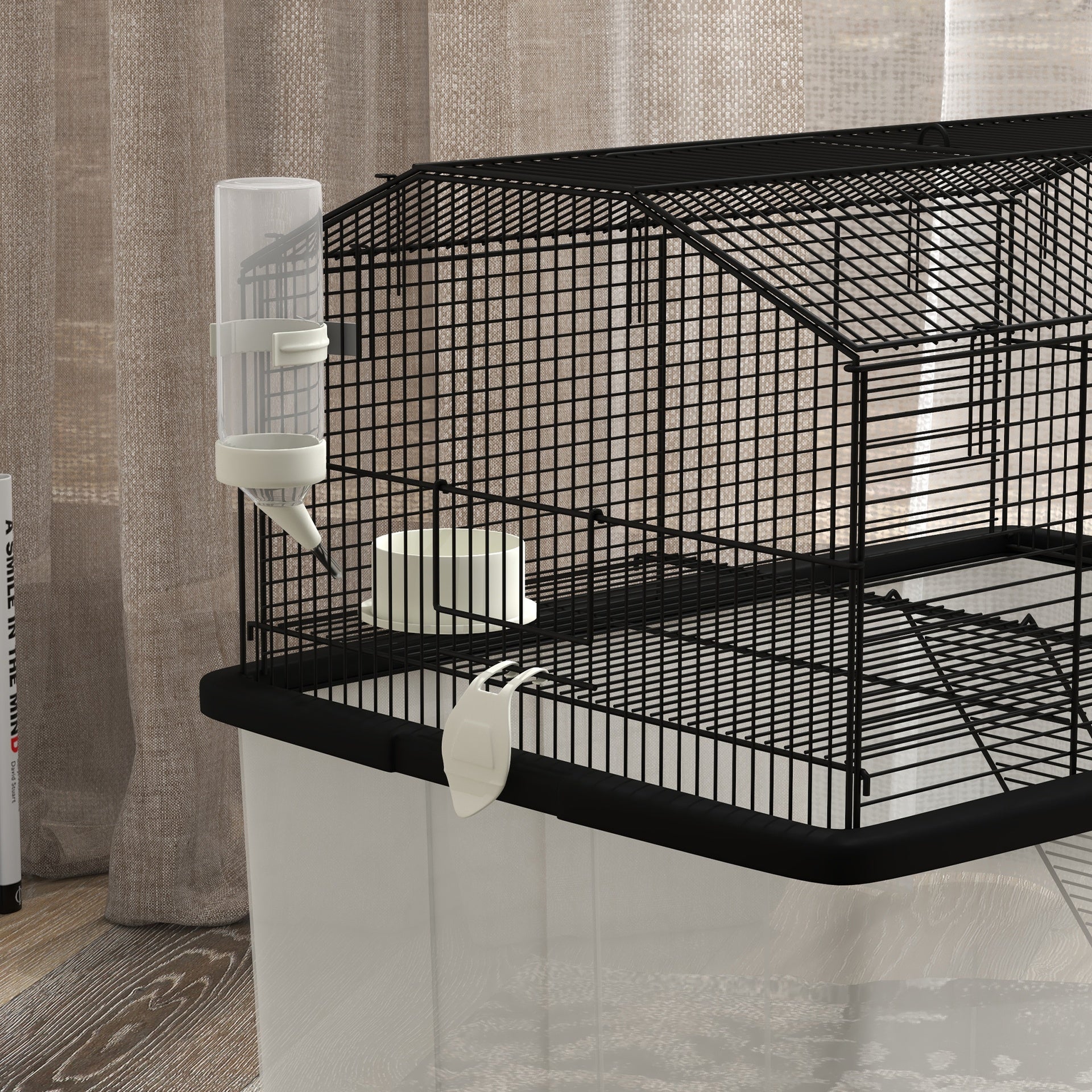 PawHut 22" 2-Tier Hamster Cage with Extra-Deep 14" Base, Small Animal Cage with Ramp, Water Bottle, Food Dish, Wheels, Black