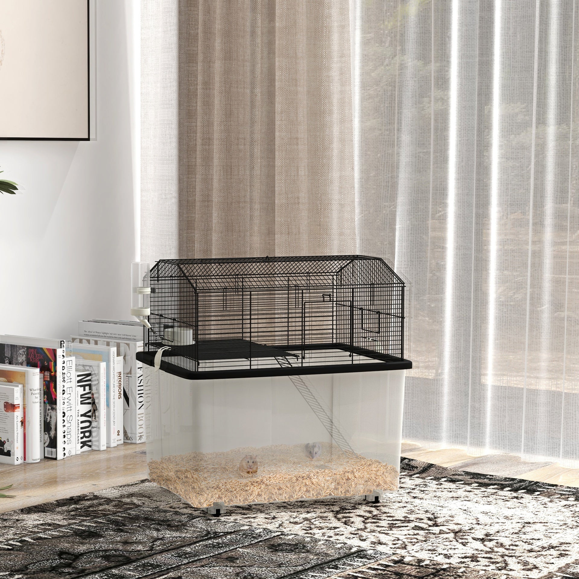 PawHut 22" 2-Tier Hamster Cage with Extra-Deep 14" Base, Small Animal Cage with Ramp, Water Bottle, Food Dish, Wheels, Black
