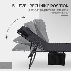 Outsunny Folding Chaise Tanning Lounge Chair w/ 5-level Reclining Back, Reading Hole, Side Pocket, Headrest, Black