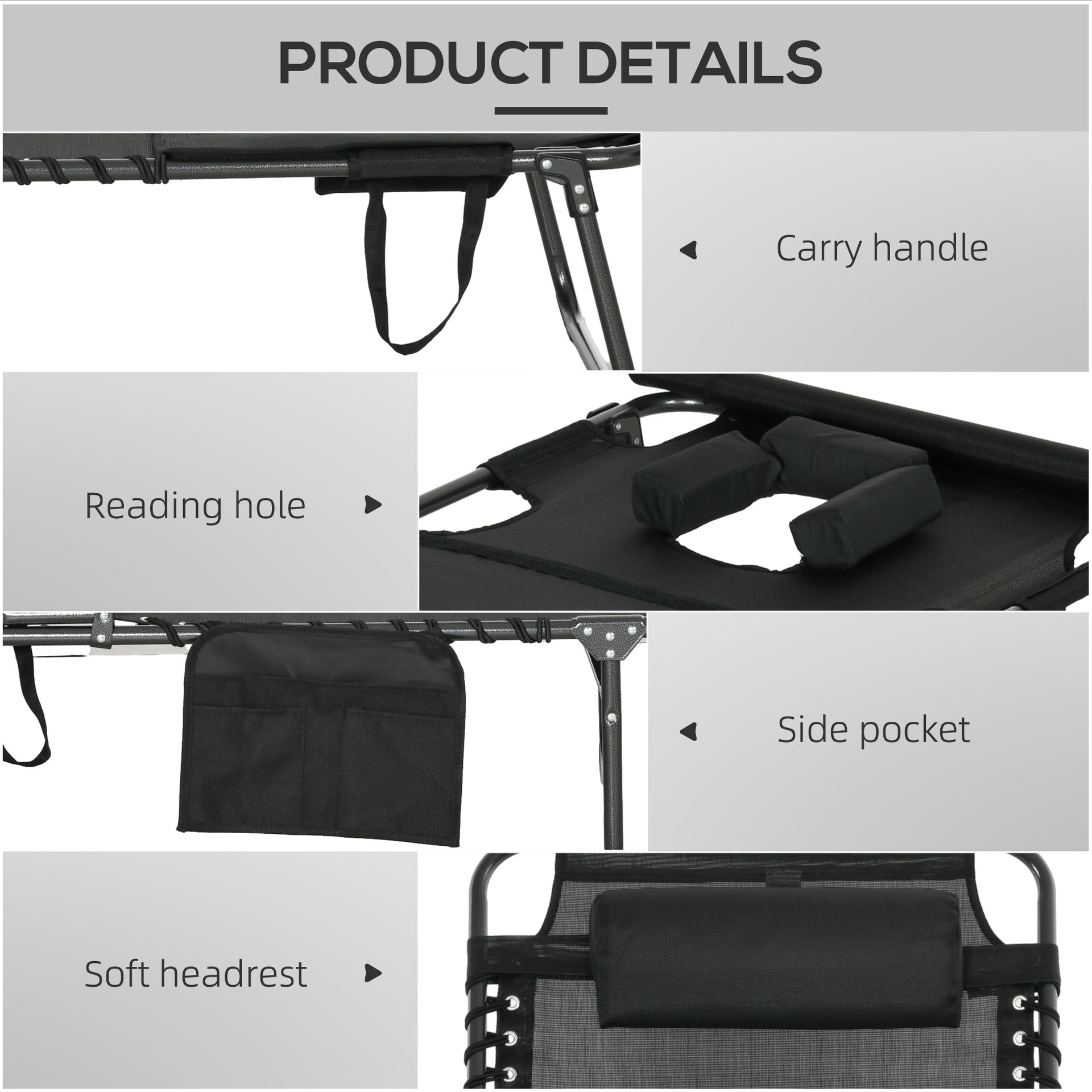 Outsunny Folding Chaise Tanning Lounge Chair w/ 5-level Reclining Back, Reading Hole, Side Pocket, Headrest, Black