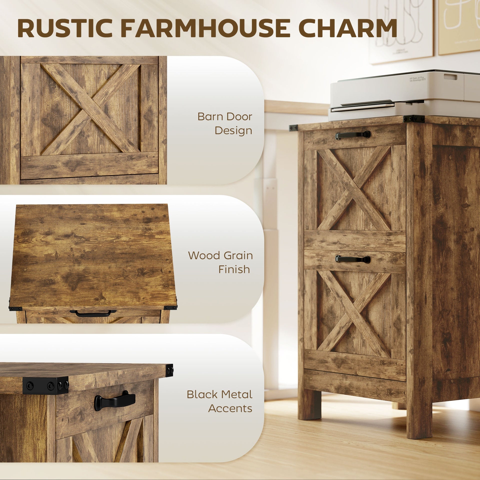 HOMCOM Vertical File Cabinet with 2 Drawers, Rustic Farmhouse Office Storage Cabinet for A4, Letter Size, Rustic Brown