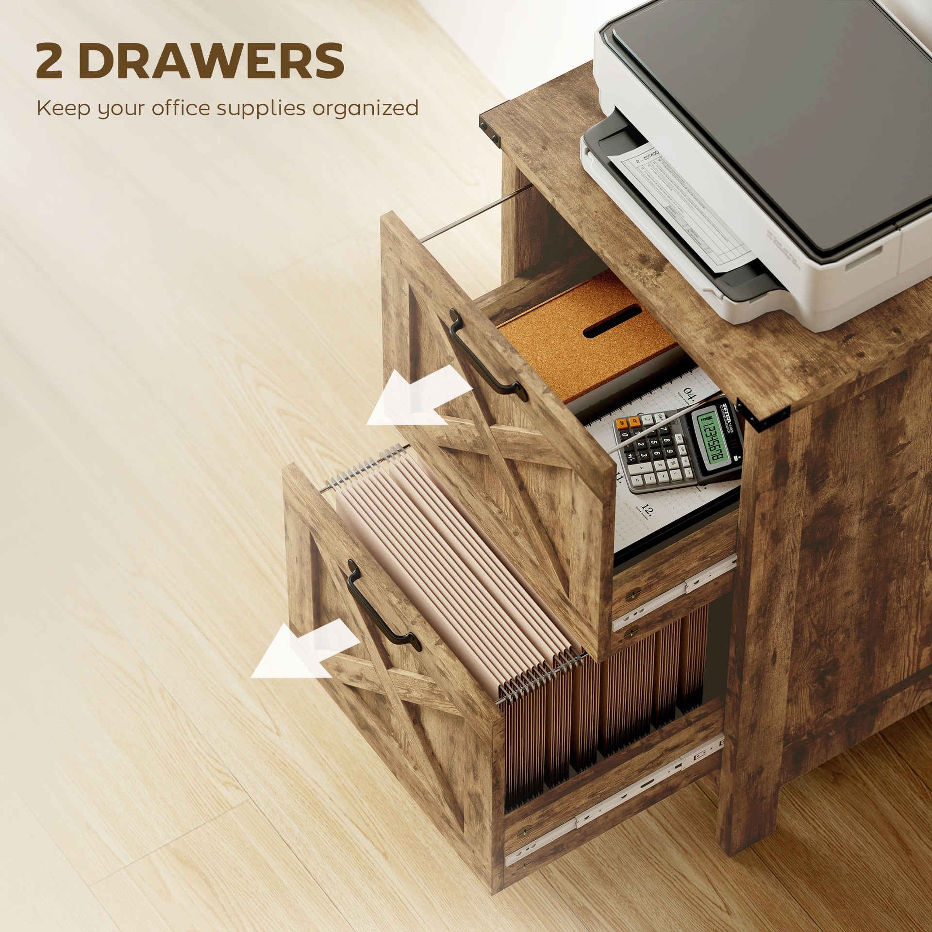 HOMCOM Vertical File Cabinet with 2 Drawers, Rustic Farmhouse Office Storage Cabinet for A4, Letter Size, Rustic Brown