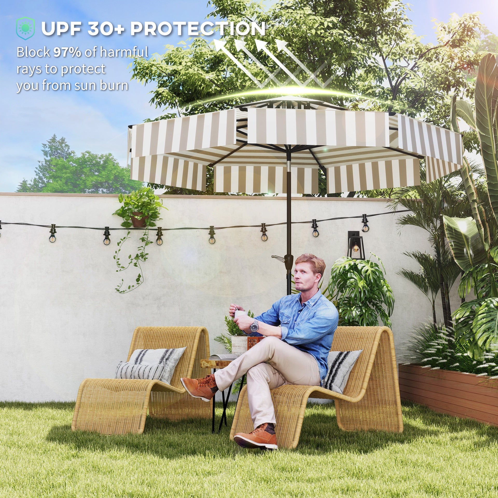 Outsunny 8.6FT Patio Umbrella, UPF 30+ Outdoor Market Umbrella, 2-Tier Vented Patio Table Umbrella with Crank 8 Ribs, Tiltable Porch Umbrella for Garden Deck Poolside, Light Gray
