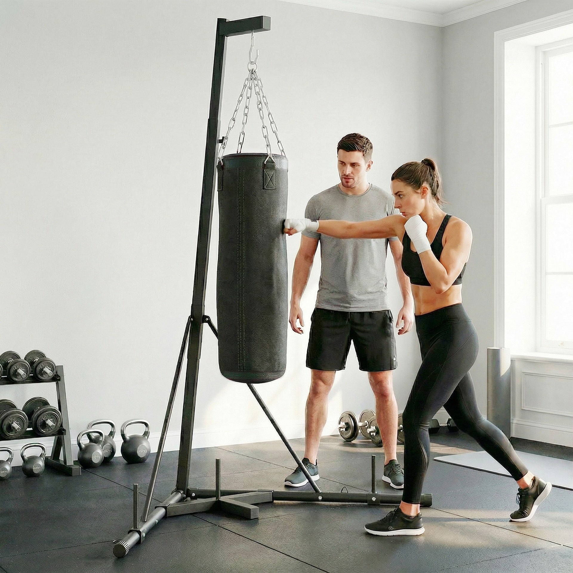 Soozier Punching Bag with Stand for Adults, 72.8"-90.9" Height Adjustable Freestanding Boxing Stand with Canvas Sandbag, Black