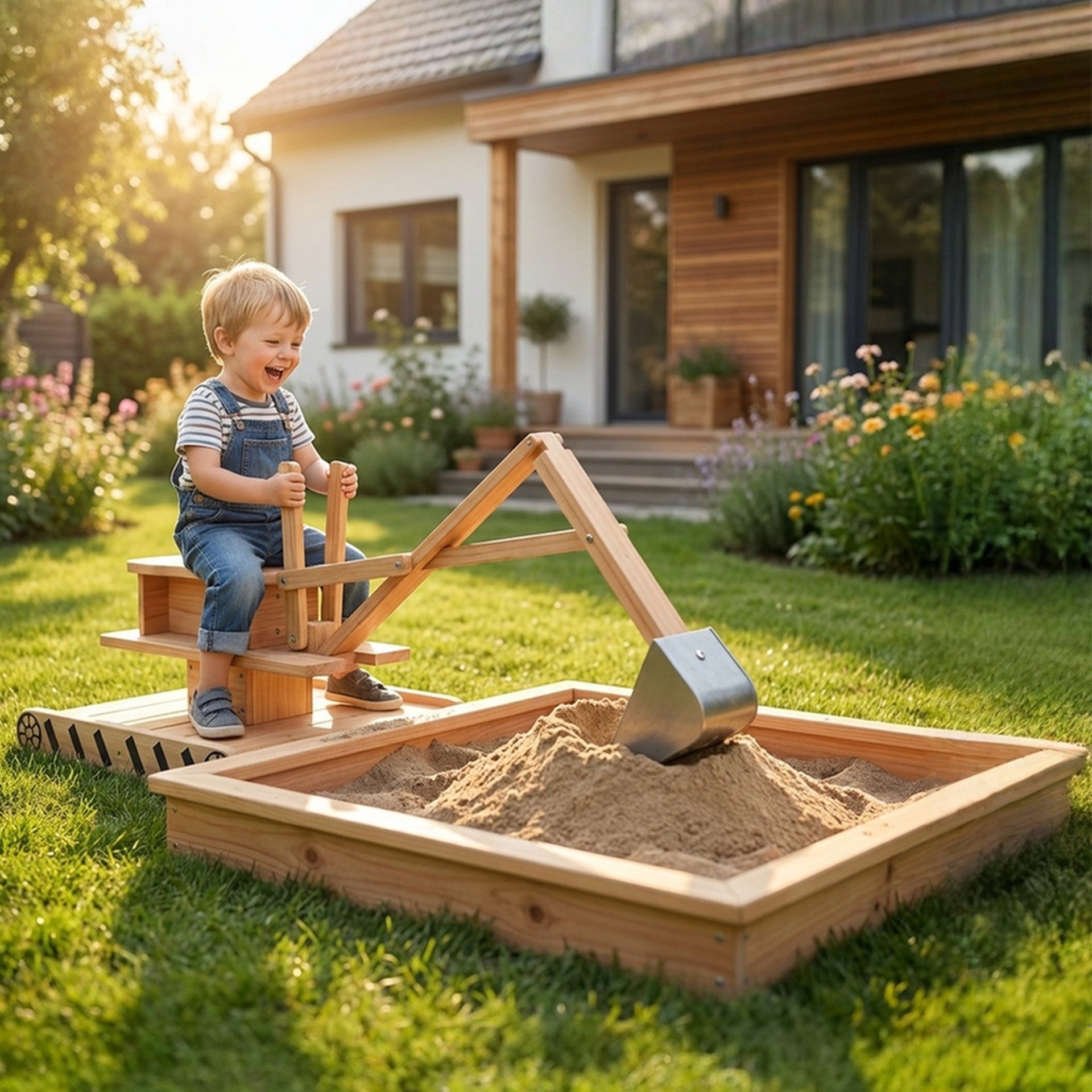Qaba Wooden Sandbox with Digger, Kids Sandbox with 360° Rotating Seat & Bottom Liner, 72" x 35" x 22"
