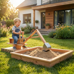 Qaba Wooden Sandbox with Digger, Kids Sandbox with 360° Rotating Seat & Bottom Liner, 72" x 35" x 22"