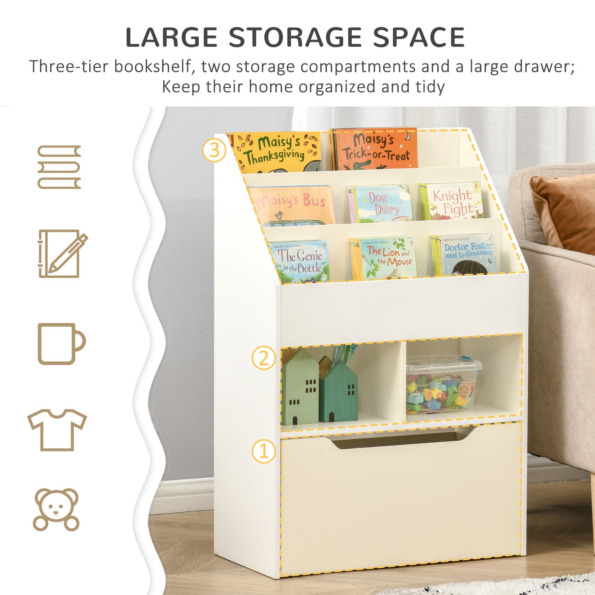 HOMCOM Kids Bookcase Multi-Shelf Book Rack with Mobile Drawer for Books, Toys, White