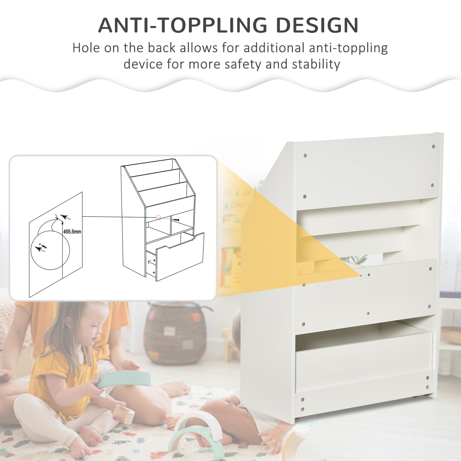 HOMCOM Kids Bookcase Multi-Shelf Book Rack with Mobile Drawer for Books, Toys, White
