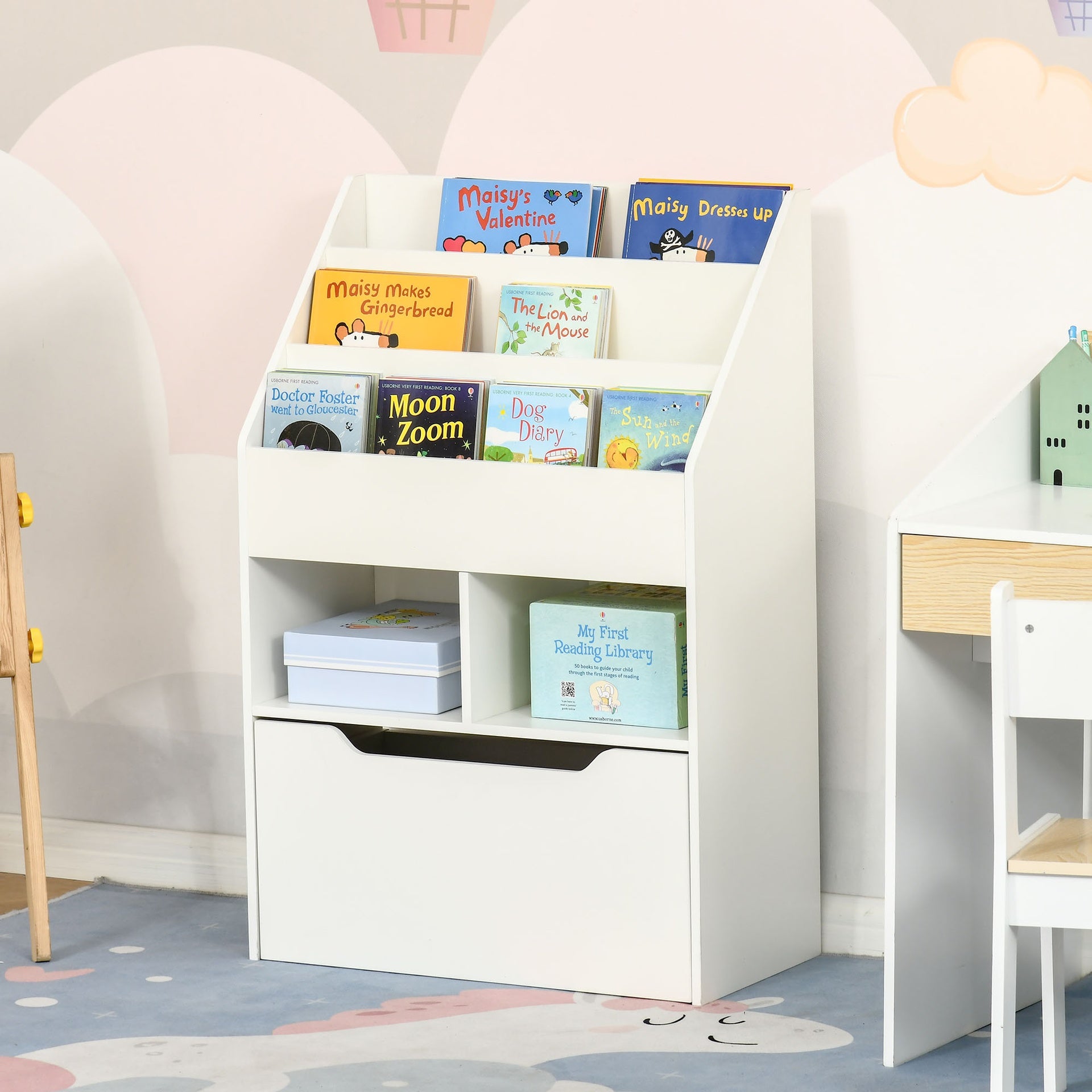 HOMCOM Kids Bookcase Multi-Shelf Book Rack with Mobile Drawer for Books, Toys, White