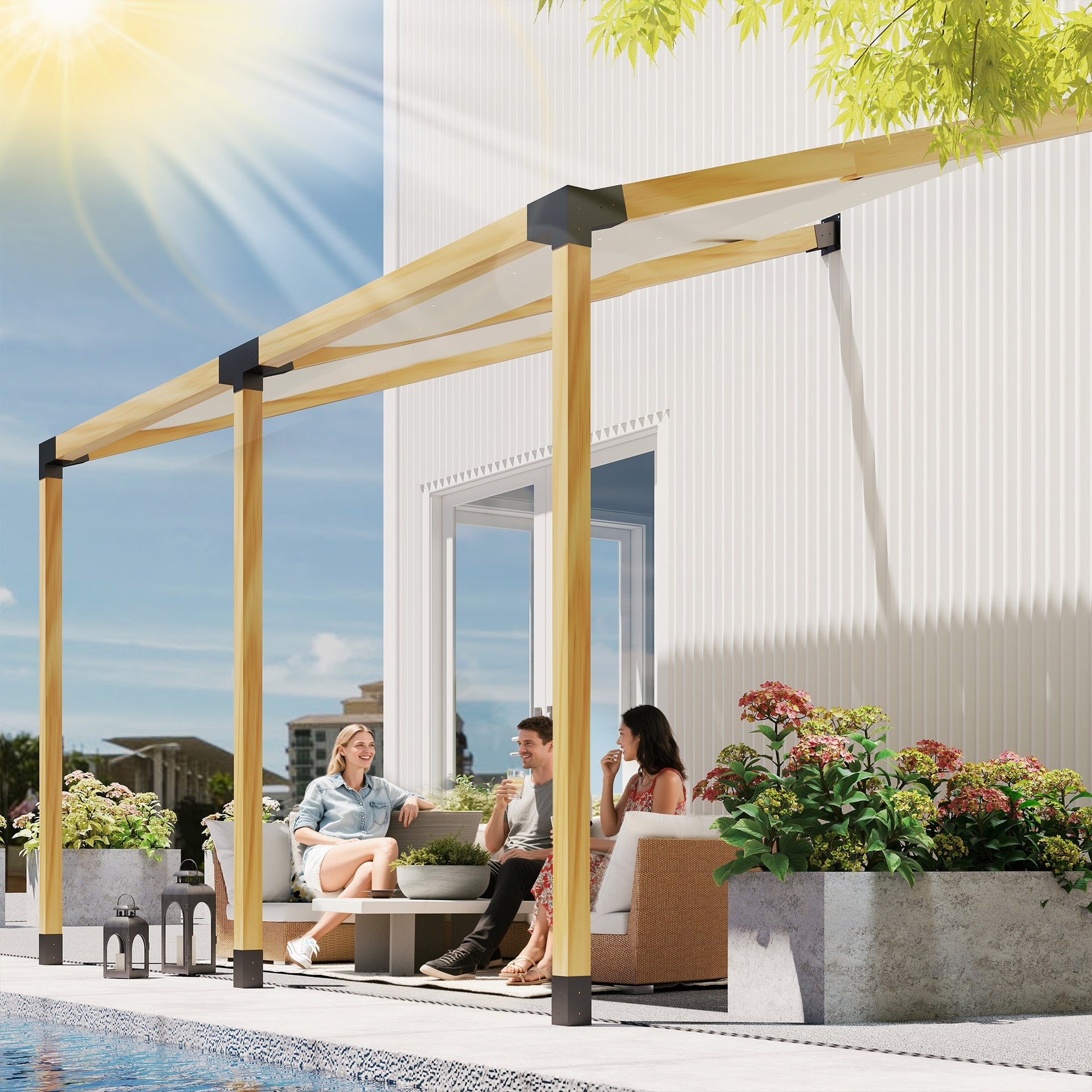 Outsunny Pergola Kit, 15° Slanted Pergola Brackets w/ 4-Way/3-Way Brackets, Post Bases, Wall Mounts for 3.6" X 3.6" Lumber, Black