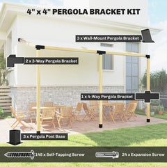 Outsunny Pergola Kit, 15° Slanted Pergola Brackets w/ 4-Way/3-Way Brackets, Post Bases, Wall Mounts for 3.6" X 3.6" Lumber, Black