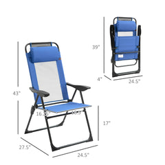 Outsunny Folding Patio Dining Chairs Set of 2, Outdoor Deck Chair with Removable Headrest, Camping Chair with Adjustable Sling Back for Garden, Backyard, Lawn, Blue
