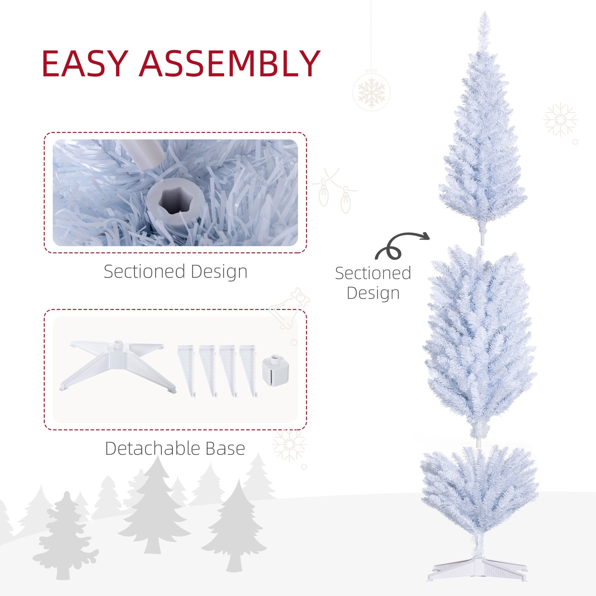 HOMCOM 8ft Unlit Pencil Artificial Christmas Tree with Realistic Branches and 618 Tips, Plastic Base, White