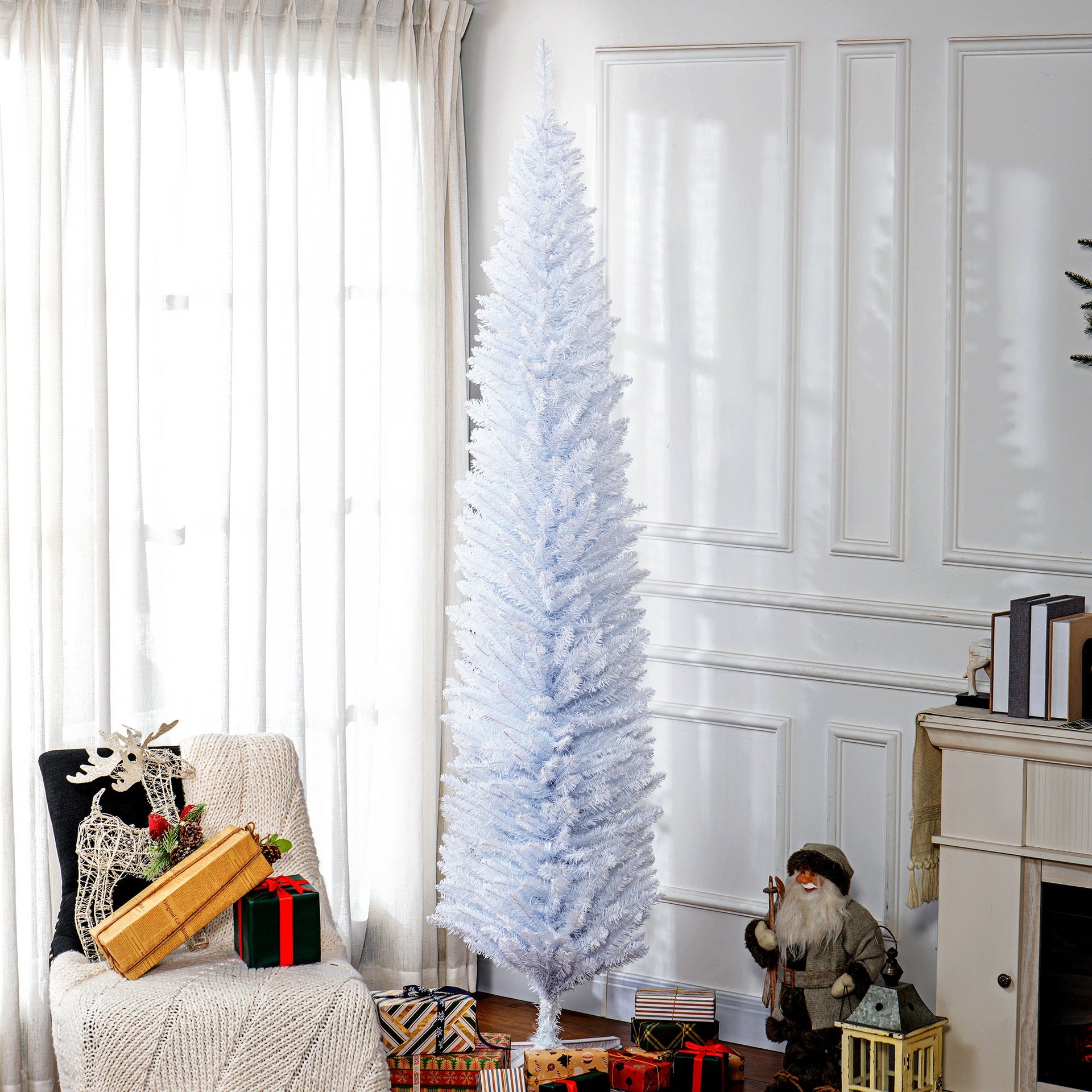HOMCOM 8ft Unlit Pencil Artificial Christmas Tree with Realistic Branches and 618 Tips, Plastic Base, White