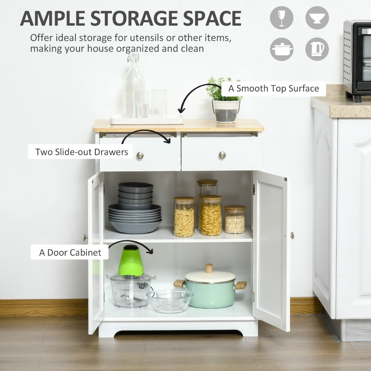 HOMCOM Kitchen Storage Cabinet, Sideboard Floor Cupboard with Solid Wood Top, Adjustable Shelf, and 2 Drawers for Living Room, and Hallway, White