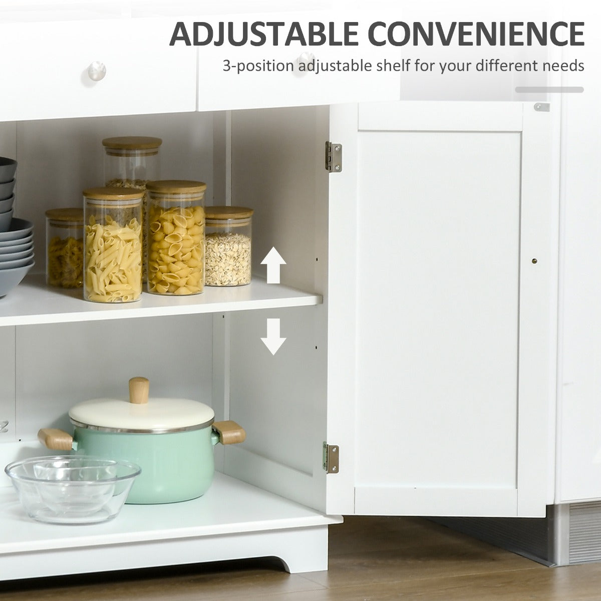HOMCOM Kitchen Storage Cabinet, Sideboard Floor Cupboard with Solid Wood Top, Adjustable Shelf, and 2 Drawers for Living Room, and Hallway, White