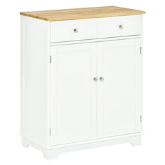 HOMCOM Kitchen Storage Cabinet, Sideboard Floor Cupboard with Solid Wood Top, Adjustable Shelf, and 2 Drawers for Living Room, and Hallway, White
