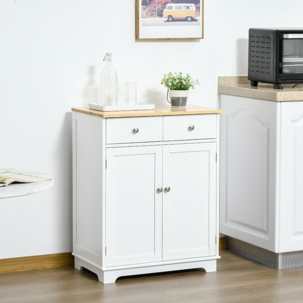 HOMCOM Kitchen Storage Cabinet, Sideboard Floor Cupboard with Solid Wood Top, Adjustable Shelf, and 2 Drawers for Living Room, and Hallway, White