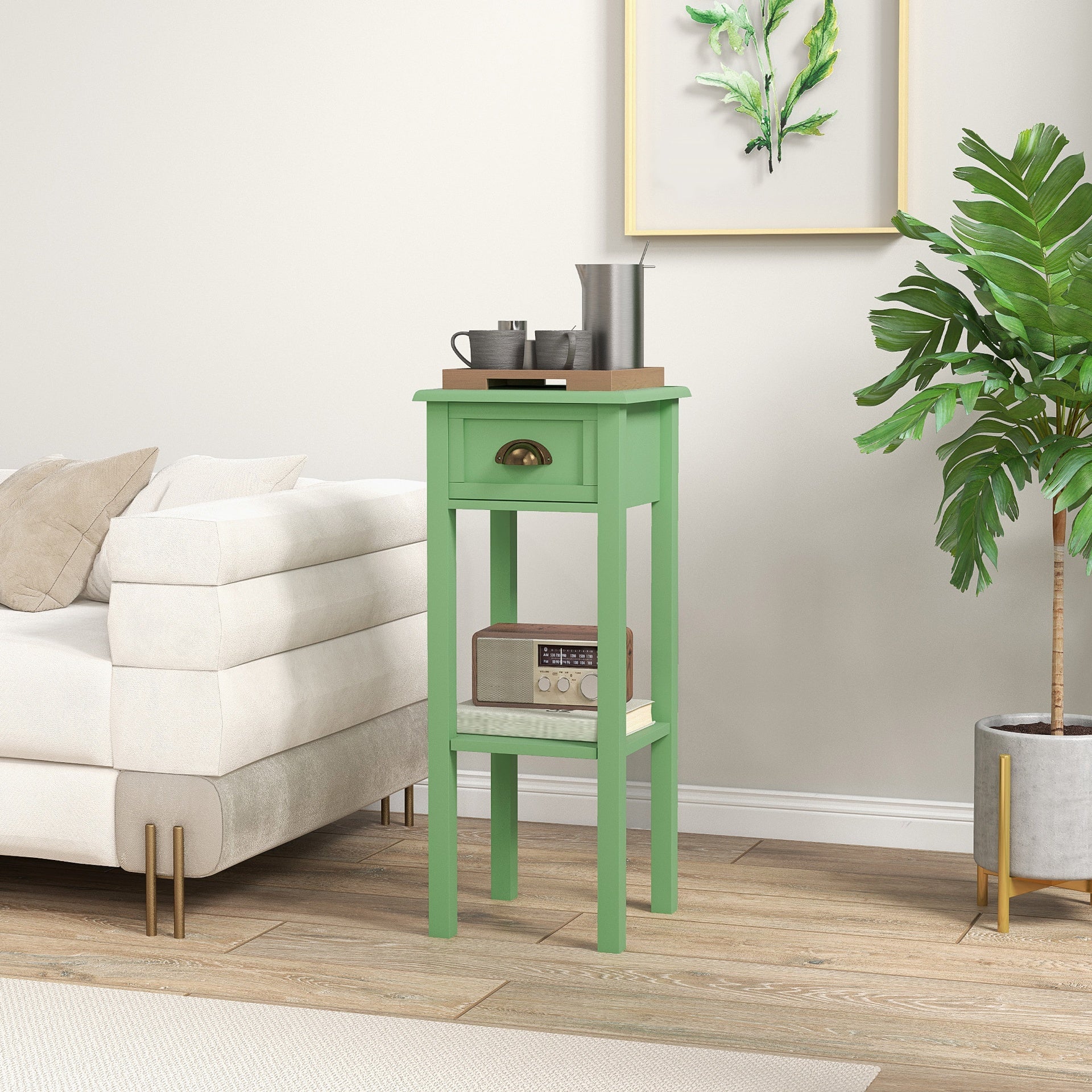 HOMCOM 2-Tier Side Table with Drawer and Shelf, End Table for Living Room and Hallway, Green