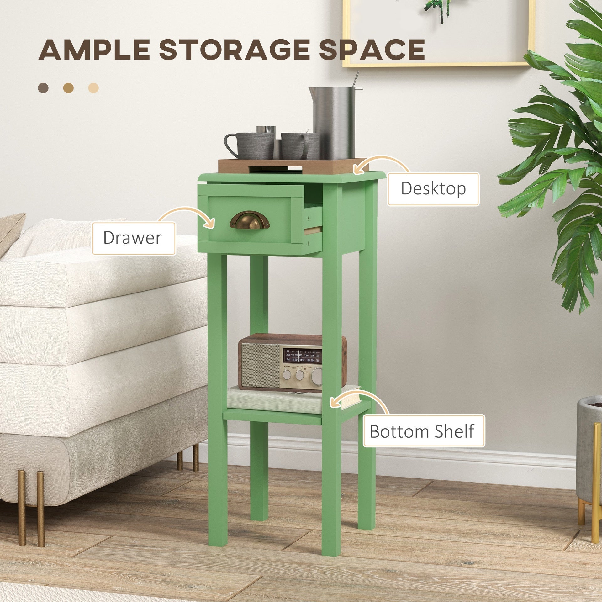 HOMCOM 2-Tier Side Table with Drawer and Shelf, End Table for Living Room and Hallway, Green