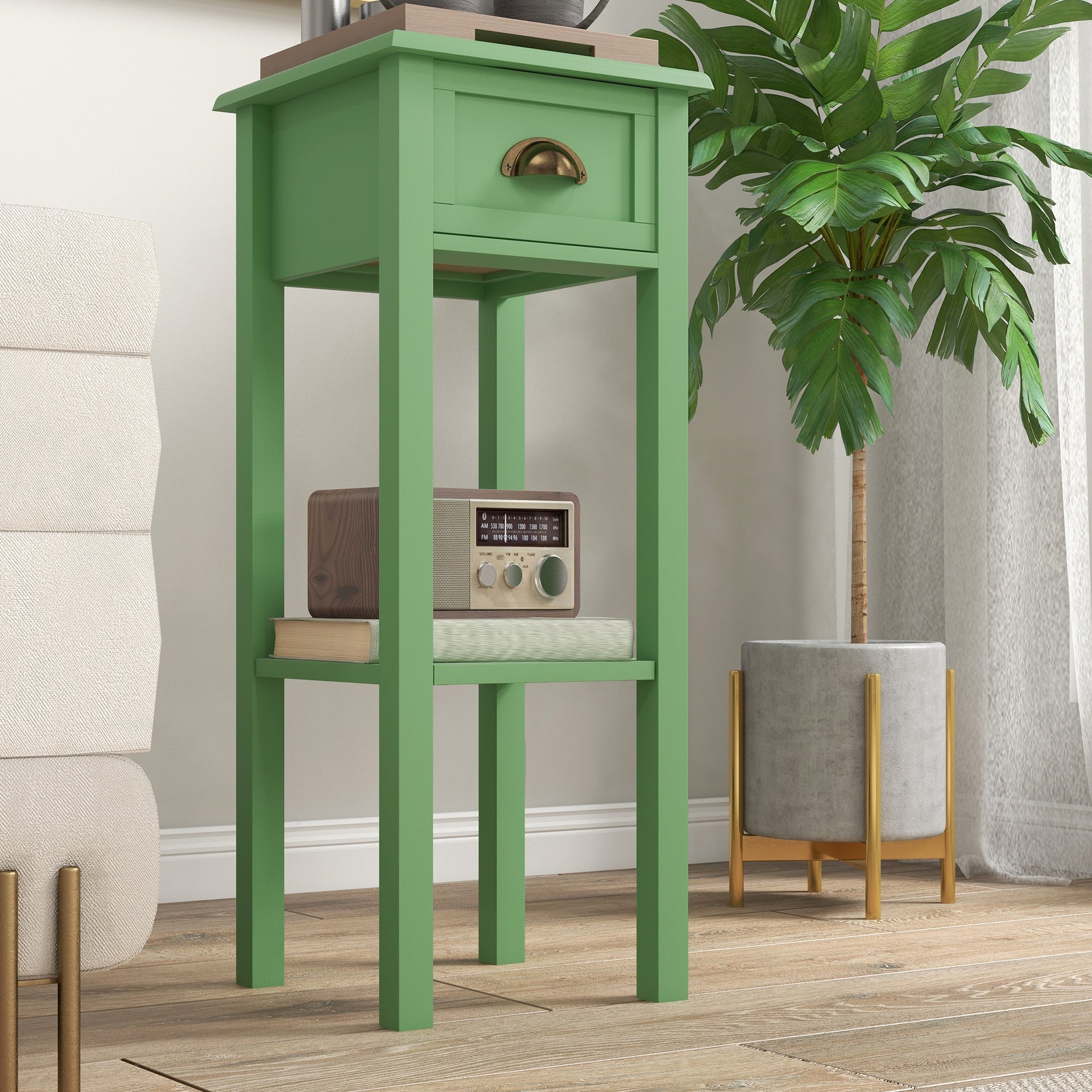 HOMCOM 2-Tier Side Table with Drawer and Shelf, End Table for Living Room and Hallway, Green