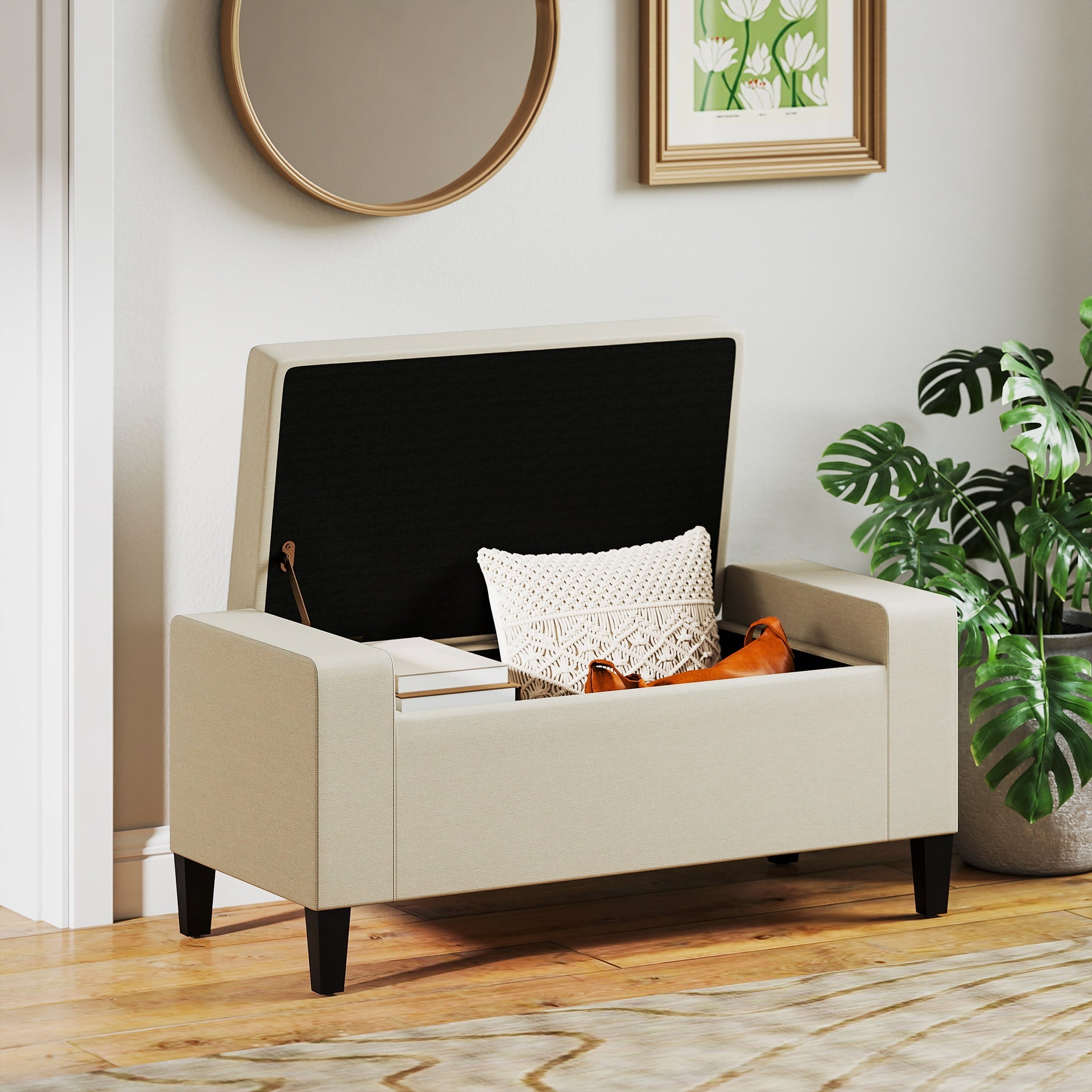 HOMCOM 36" Ottoman with Storage, Storage Ottoman Bench with Lift Top and Rubberwood Legs, Linen Upholstered Entryway Seat with for Living Room, Bedroom, Holds up to 330 lb, Beige