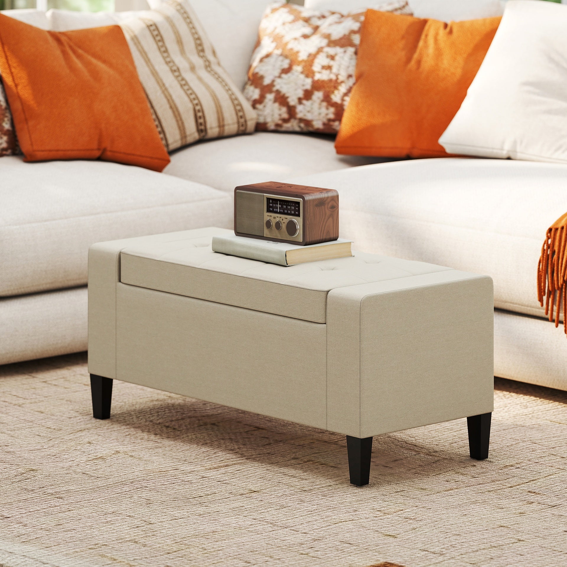 HOMCOM 36" Ottoman with Storage, Storage Ottoman Bench with Lift Top and Rubberwood Legs, Linen Upholstered Entryway Seat with for Living Room, Bedroom, Holds up to 330 lb, Beige