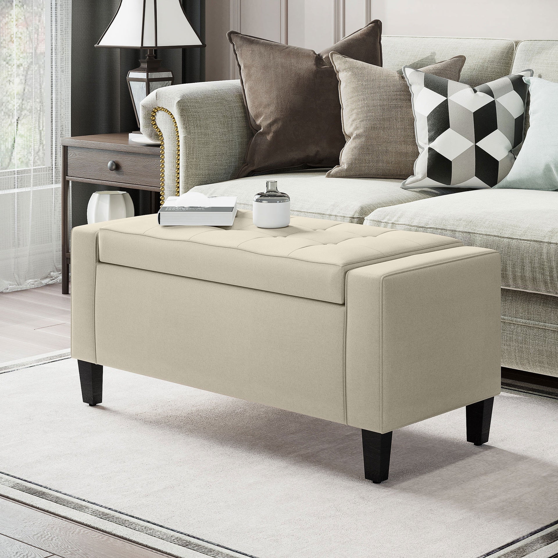 HOMCOM 36" Ottoman with Storage, Storage Ottoman Bench with Lift Top and Rubberwood Legs, Linen Upholstered Entryway Seat with for Living Room, Bedroom, Holds up to 330 lb, Beige