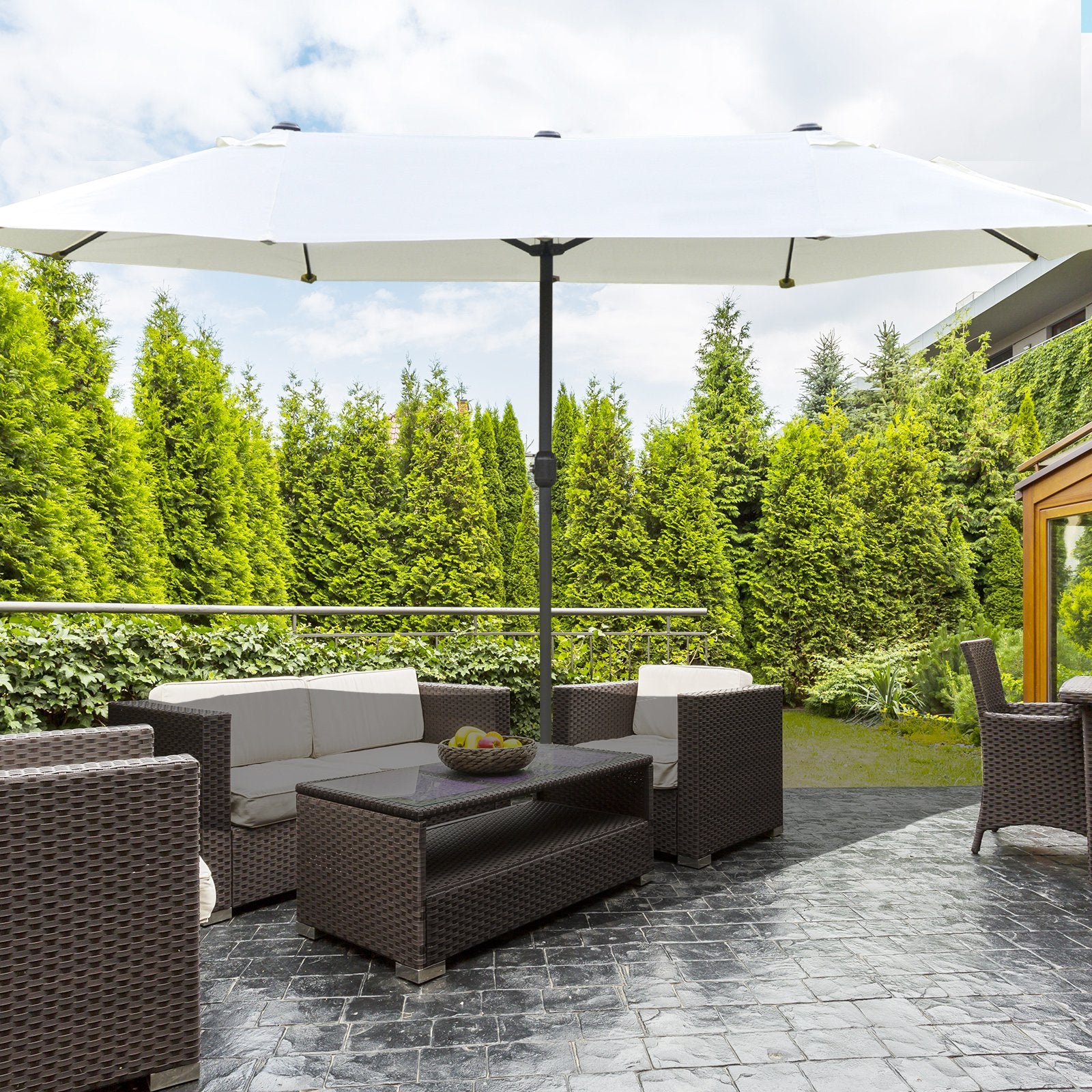 Outsunny Patio Umbrella 15' Steel Rectangular Outdoor Double Sided Market with base, UV Sun Protection & Easy Crank for Deck Pool Patio, Beige