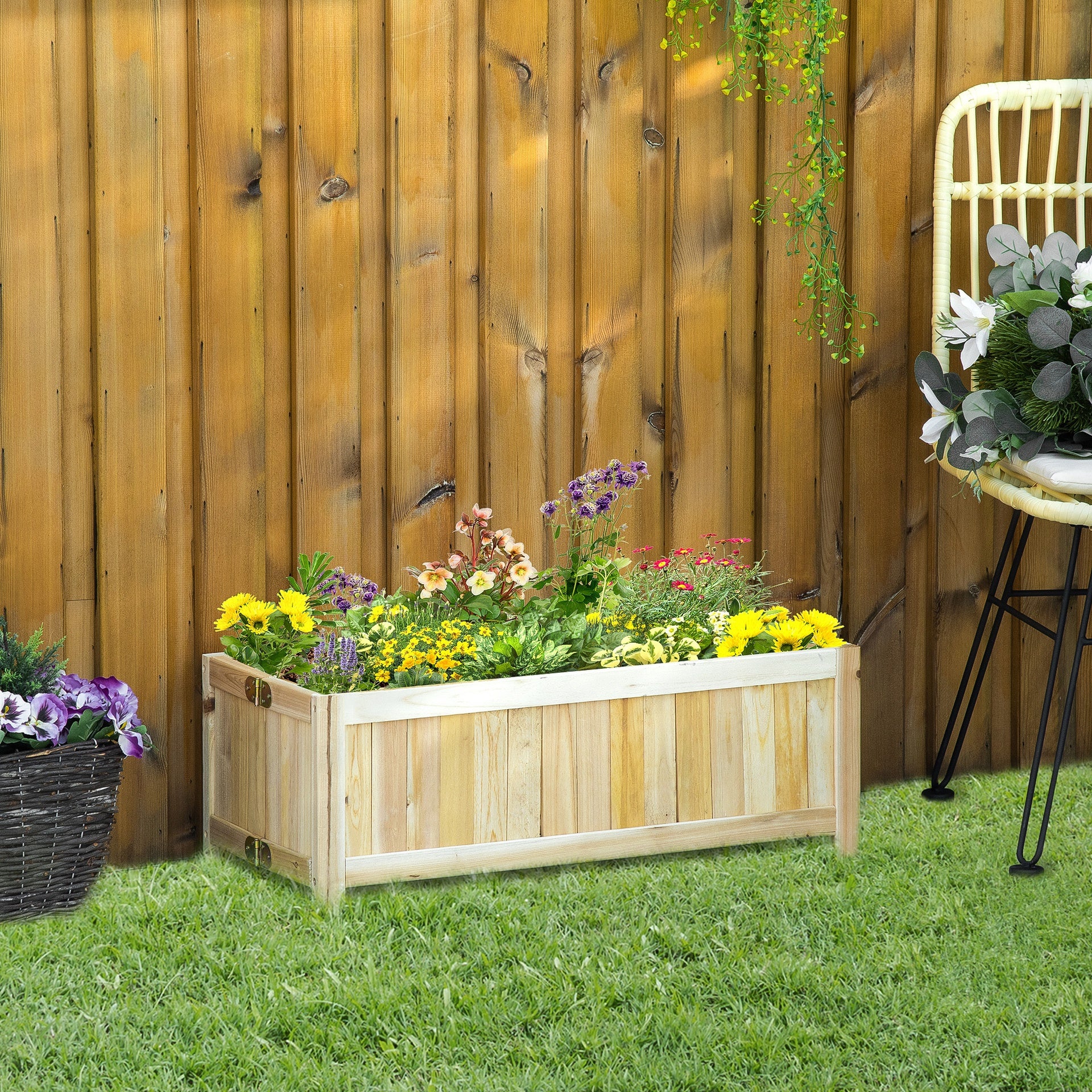 Outsunny Foldable Raised Garden Bed, Wooden Planter Box, Herb Garden Planter with Drainage Holes, for Backyard, Patio to Grow Vegetables, Herbs, and Flowers, 27.6" x 11.6" x 9.8"