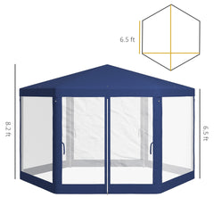 Outsunny 13' x 11' Outdoor Party Tent, Hexagon Sun Shade Shelter Canopy w/ Protective Mesh Screen Sidewalls, Ropes & Stakes, Blue