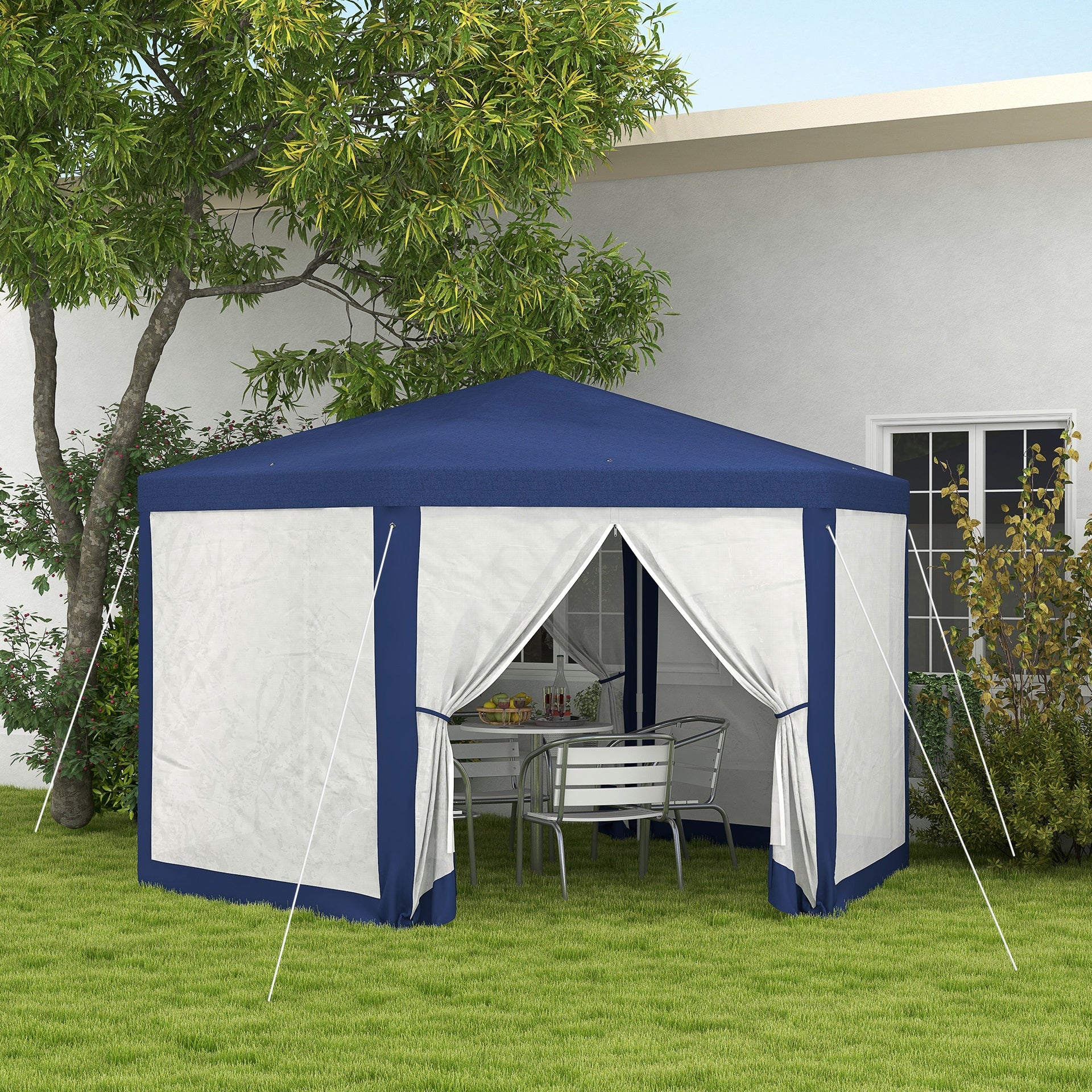 Outsunny 13' x 11' Outdoor Party Tent, Hexagon Sun Shade Shelter Canopy w/ Protective Mesh Screen Sidewalls, Ropes & Stakes, Blue