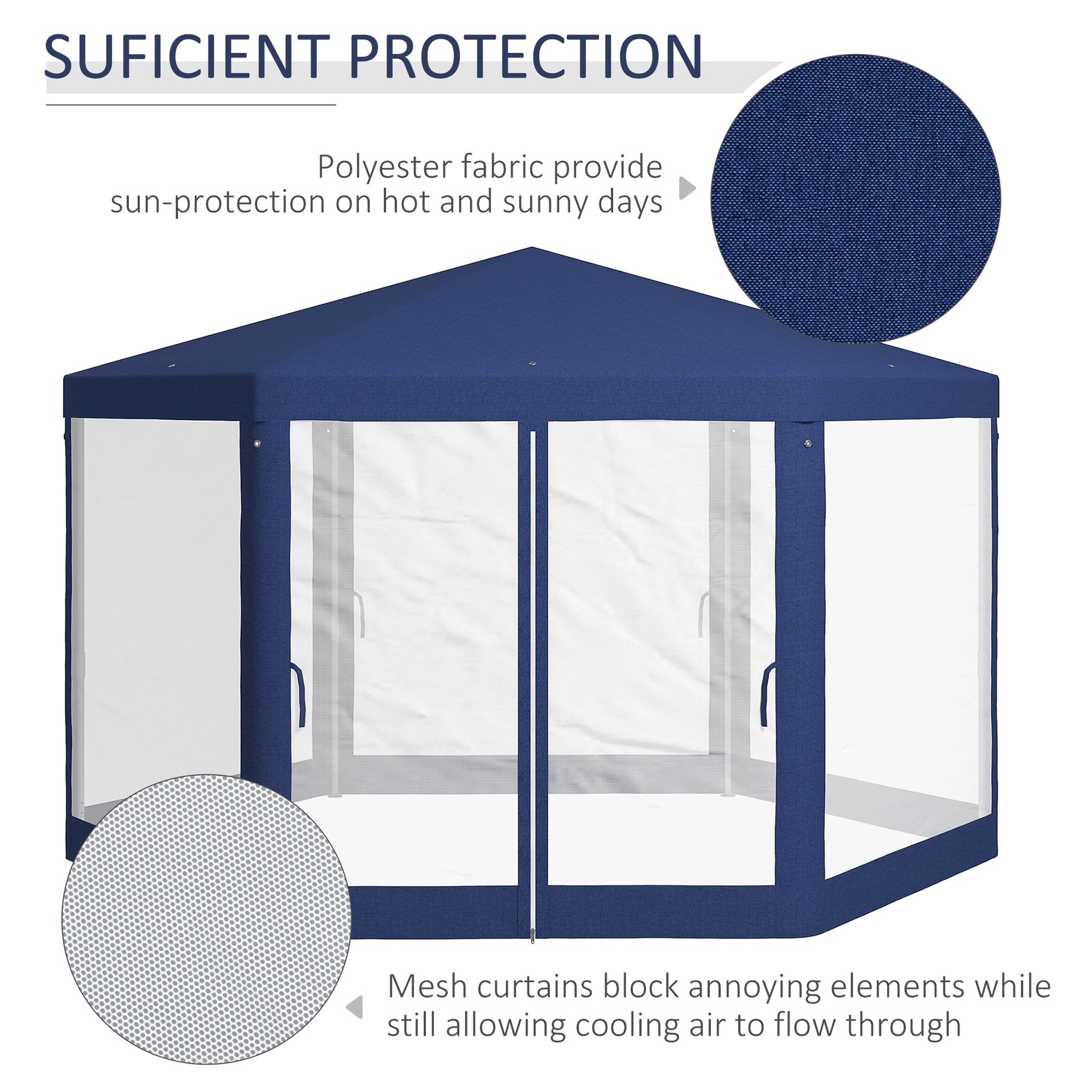 Outsunny 13' x 11' Outdoor Party Tent, Hexagon Sun Shade Shelter Canopy w/ Protective Mesh Screen Sidewalls, Ropes & Stakes, Blue