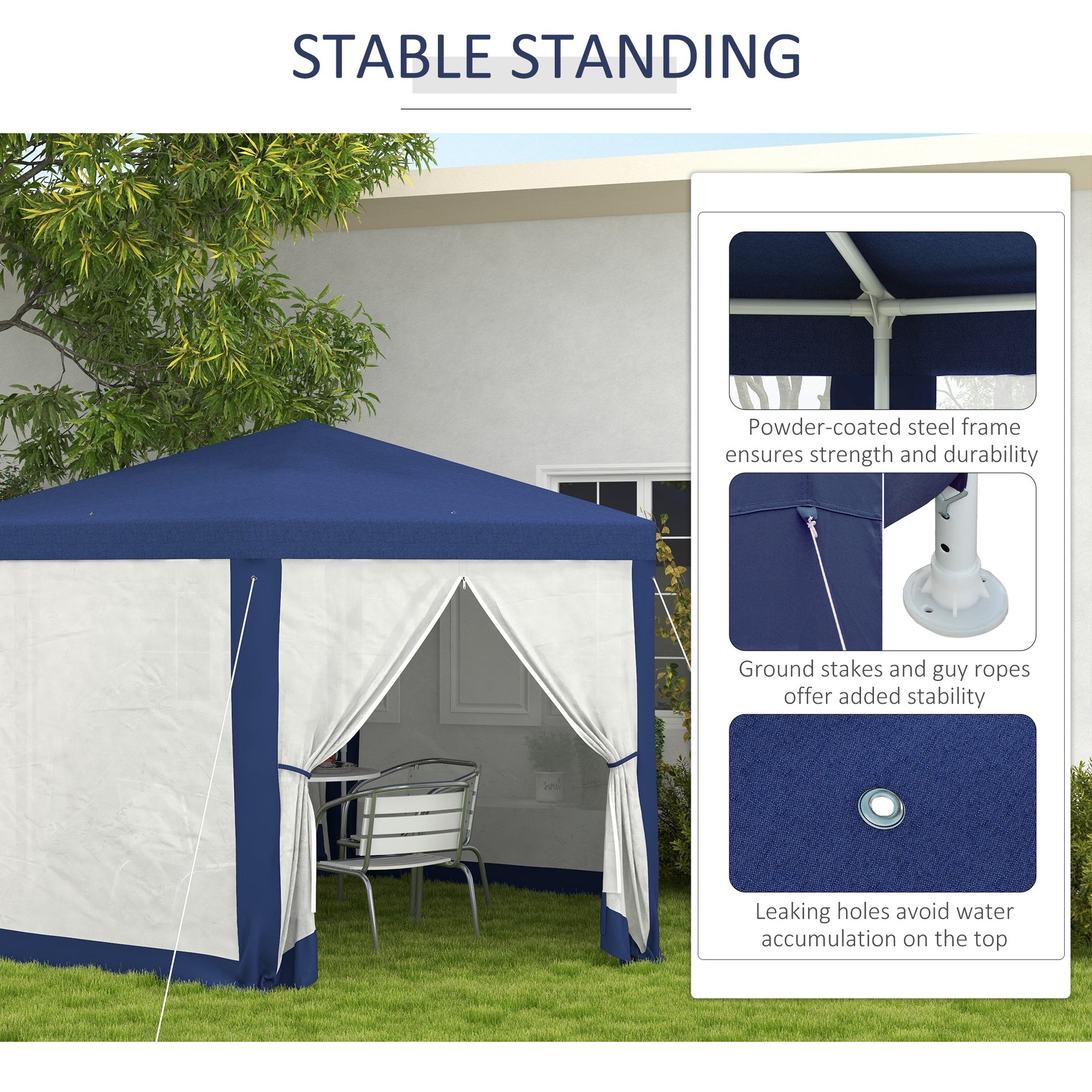 Outsunny 13' x 11' Outdoor Party Tent, Hexagon Sun Shade Shelter Canopy w/ Protective Mesh Screen Sidewalls, Ropes & Stakes, Blue